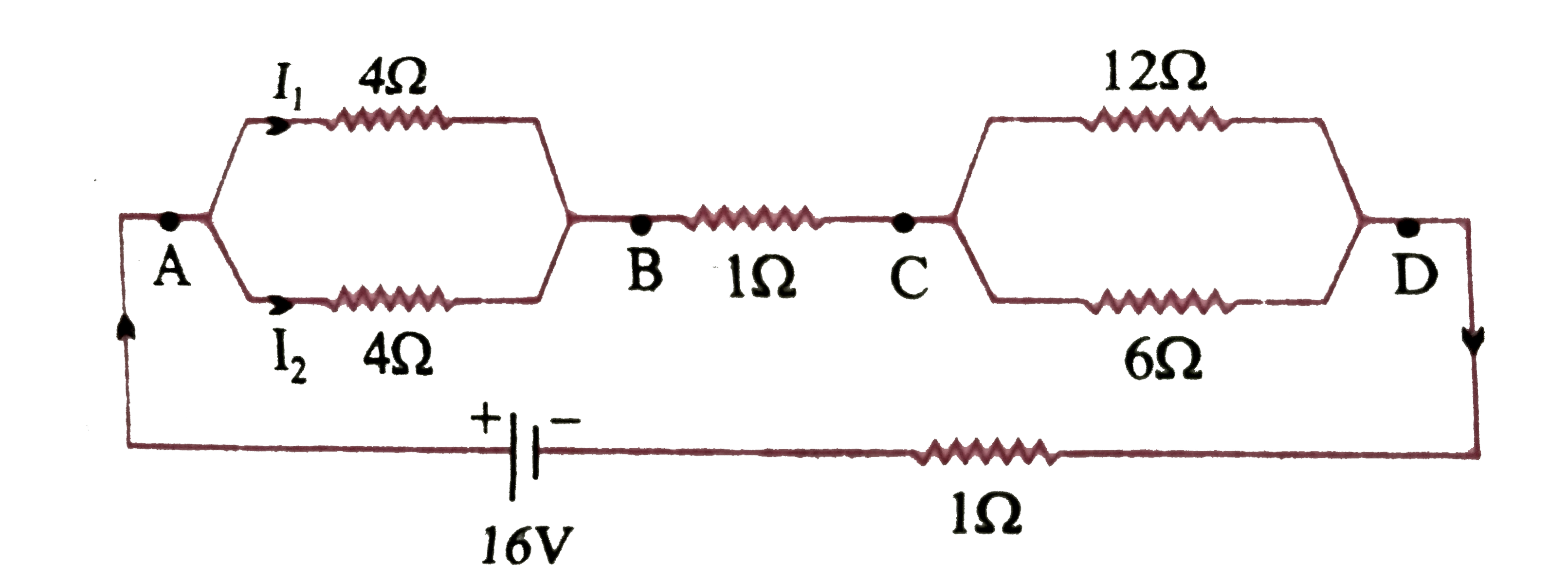 निम्न  चित्र के अनुसार 1 Omega  आंतरिक प्रतिरोध  के 16 V  कि एक बैटरी से प्रतिरोधों  के एक नेटवर्क  को जोड़ा  गया है ।    प्रत्येक प्रतिरोधक  में धारा  का मान ज्ञात  कीजिए |