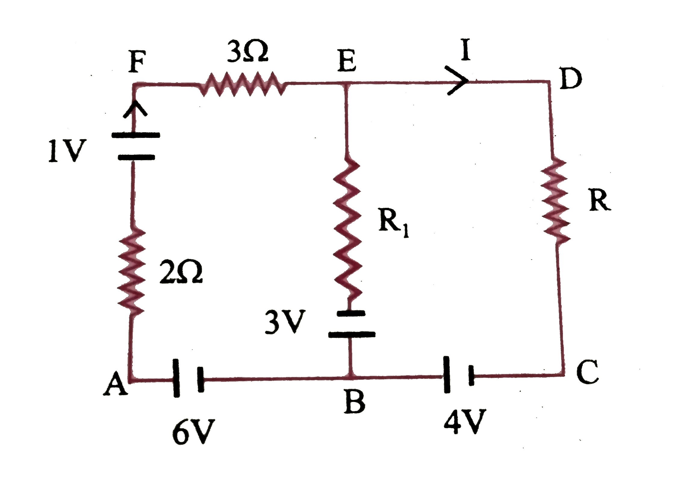 निम्न चित्र के नेटवर्क कि भुजा BE   में जब  विद्युत धारा प्रवाहित  नहीं हो रही हो तब  किरचॉफ  के नियम से बिंदु A व B के मध्य  का विभवांतर  ज्ञात कीजिए ।