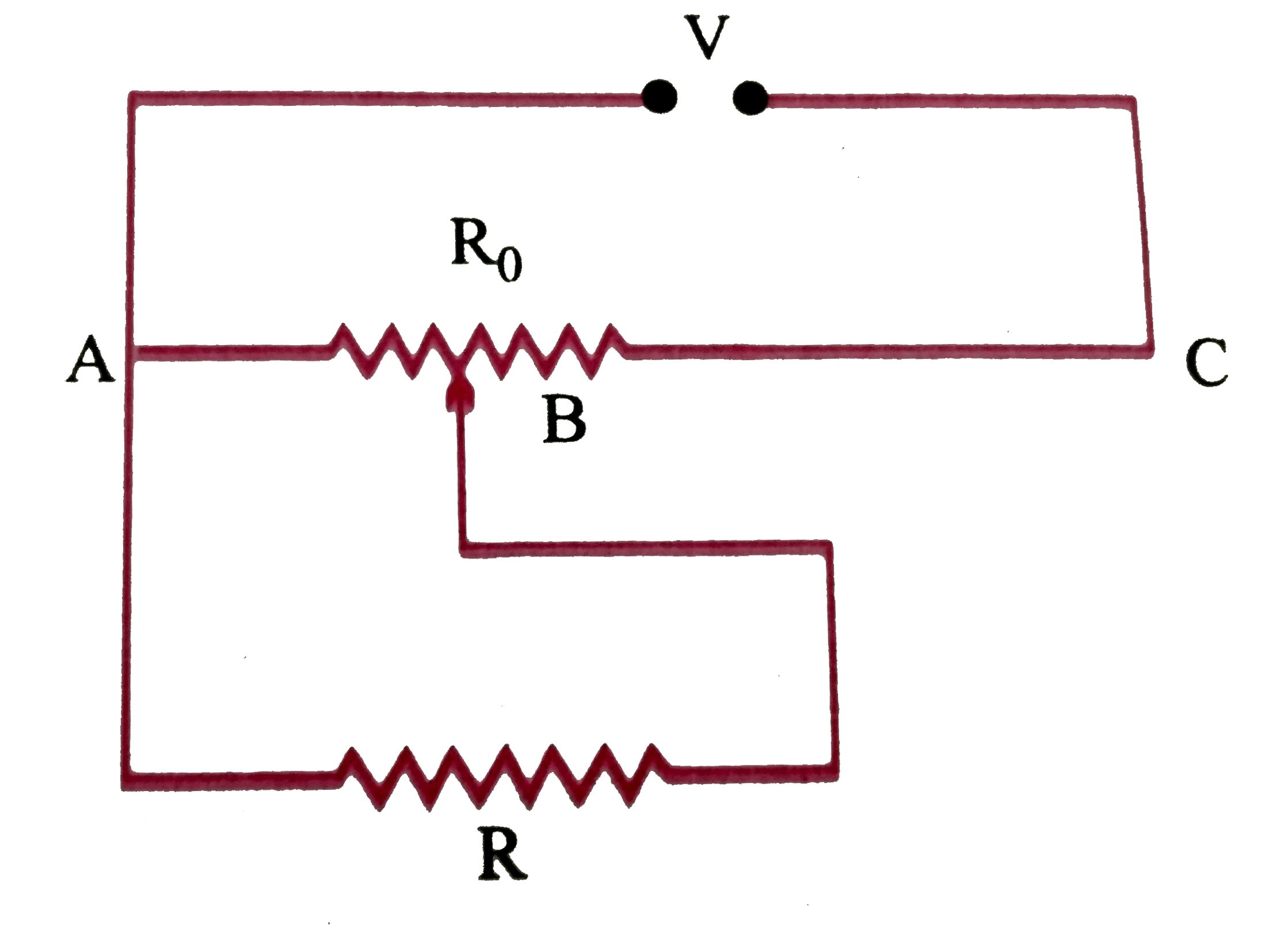 R Omega का एक प्रतिरोध  एक विभवमापी   से  विद्युत धारा  प्राप्त  कर रहा है ।  विभवमापी  का कुल प्रतिरोध R(0)Omega   है ।  विभवमापी  को वोलटता V की आपूर्ति  की गई  है ।  जब सप्री संपर्क ( सरकने  वाले भाग या स्लाइड )  विभवमापी के तार  के मध्य में हो , तो  R  के सिरों  पर वोलटता के लिए व्यंजक  प्राप्त कीजिए ।