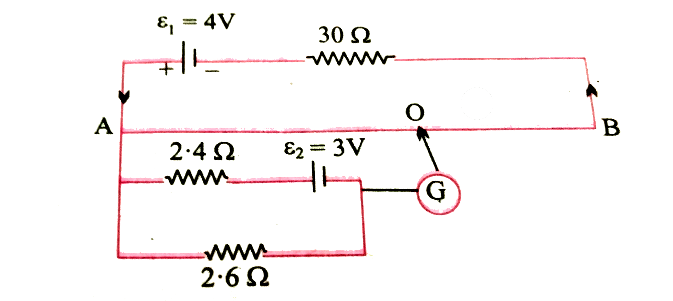 AB एकसमान  परिच्छेद  वाला 2  मीटर  लम्बा  तार है  जिसका  प्रतिरोध 20 ओम है  । अन्य आकड़े  नीचे दिए  गए रेखाचित्र  में अंकित है -       गणना  कीजिए -   तार AO  की लम्बाई  , जब धारामापी  में कोई विक्षेप  नहीं होता ।