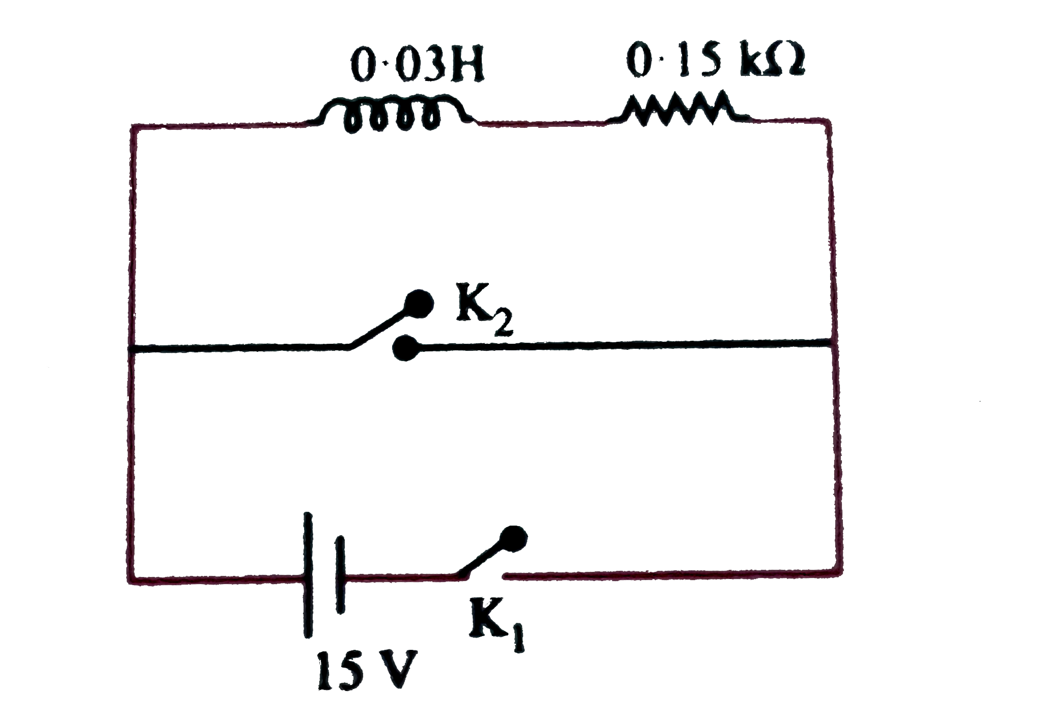 निम्न चित्र के अनुसार (L=0.03 H) प्रेरकत्व तथा प्रतिरोध (R=0.15k Omega) श्रेणी में 15 V वि. वा. बल की बैटरी से जुड़े है। कुंजी K(1) को लंबे समय तक बंद अवस्था में रखते है तथा t =0 पर K(1) को खुला करके K(2) को बंद कर देते है। t =1 ms पर परिपथ में प्रवाहित धारा (e^(s)~=150)