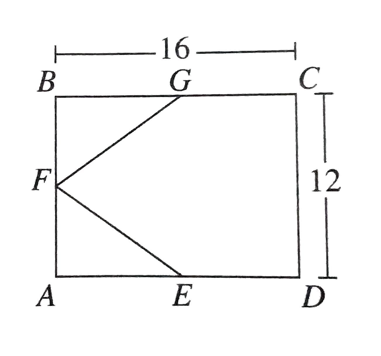 In rectangle  ABCD  below  , bar (BC) is  16  inches  long  and bar(CD )   is 12  inches  long  . Points  E,F and  G are  the midpoints  of  bar(AD )  , bar(AB )  and bar(BC )  respectively . What  is the perimeter  ,in  inches  , of  pentagon CDEFG ?