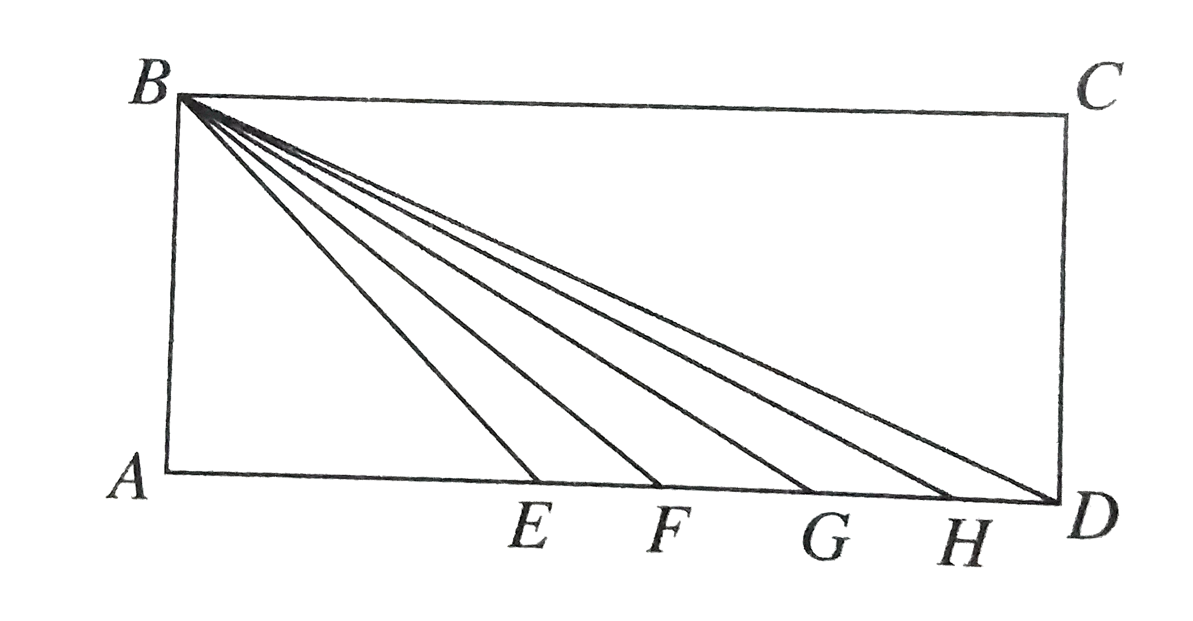 In the  figure  below  ,ABCD  is a  rectangle  , AB = AE , and E ,  F,G, and H  lie  on AD .  OF the  angles  BEA  ,  angle  BFA  , angle  BGA, angle  BHA , and  angle BDA   , which  one has  the greatest tangent ?