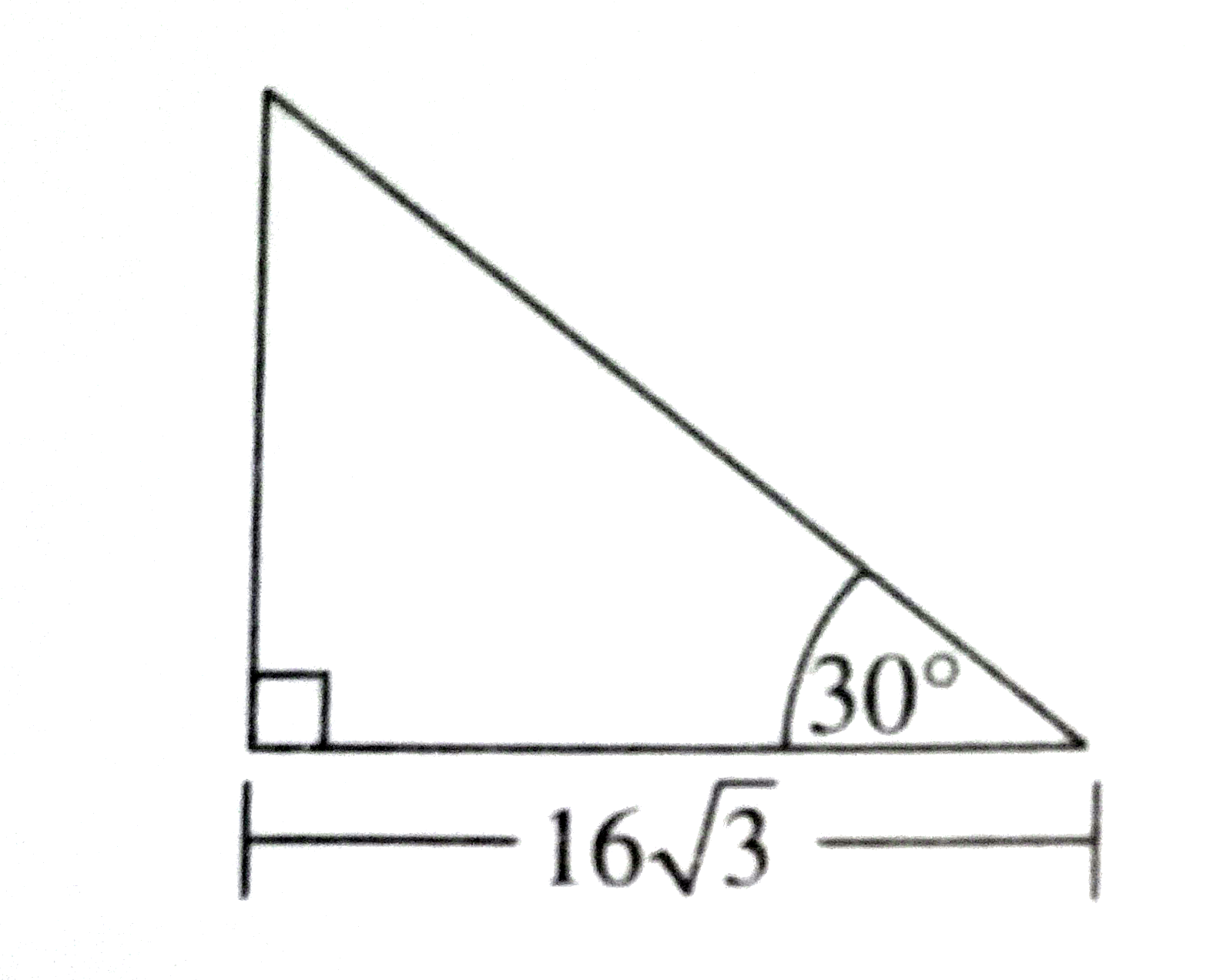 A right triangle , shown below , has a longer leg measing 16sqrt3 centimeters . How long is the hypotenuse of the triangle , in centimeters ?