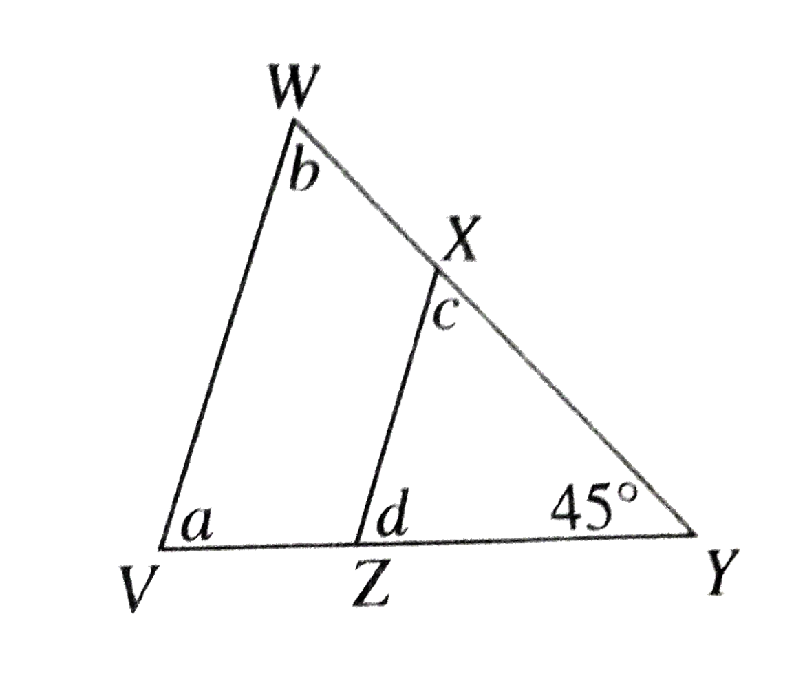 In  triangleVWY below X lies on bar(WY) , Z lies on bar(VY) , and a,b,c and d are angle measures , in degrees. The measure of angleY is 45^@. What is a+b+c+d ?