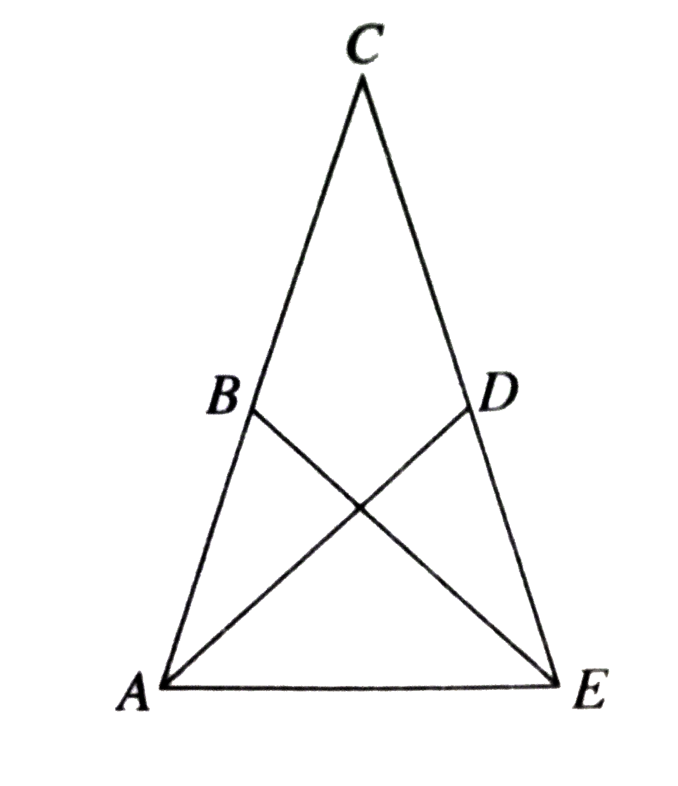 Triangle triangleACE, shown in the figure below, is isosceles with base bar(AE). B lies on bar(AC) and D lies on bar(CE) . Segments bar(BE) and bar(AD) bisect angleAEC and angleCAE, respectively. Which one of the following angle congruences is necessarily true ?