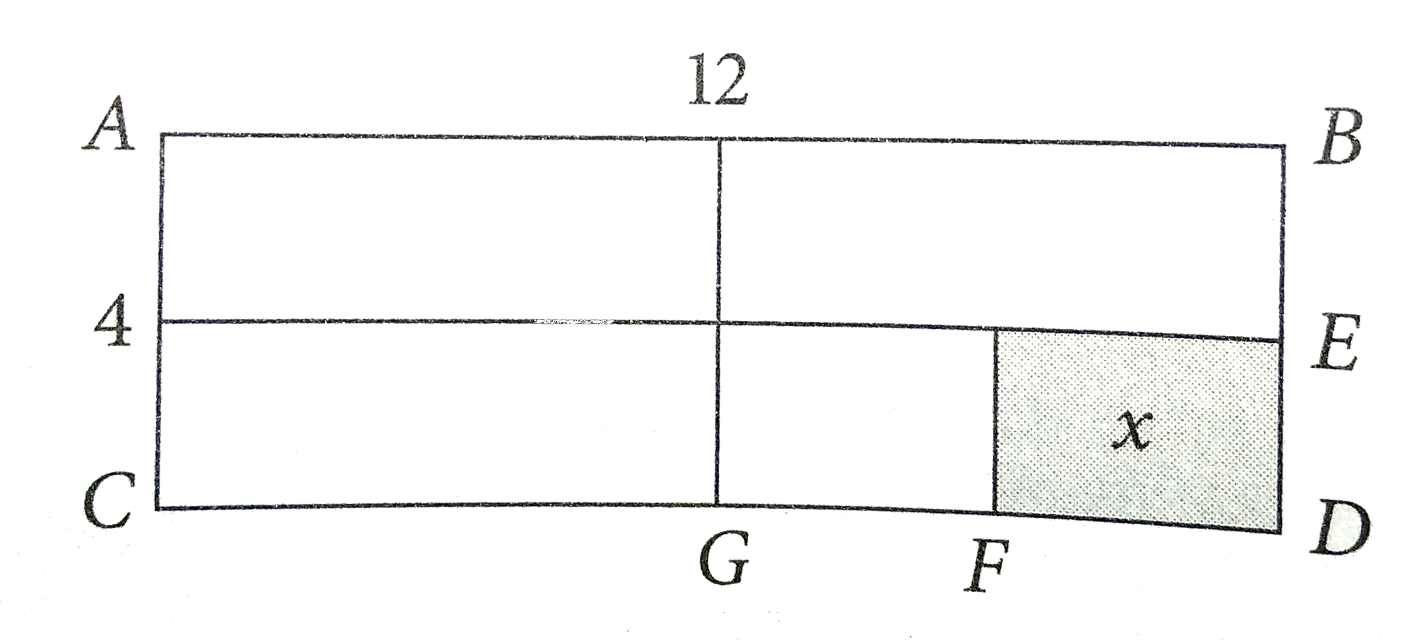 If F is equidistant from G and D, and E in equidistant from B and D, what fractional part of rectangle ABCD is area x?