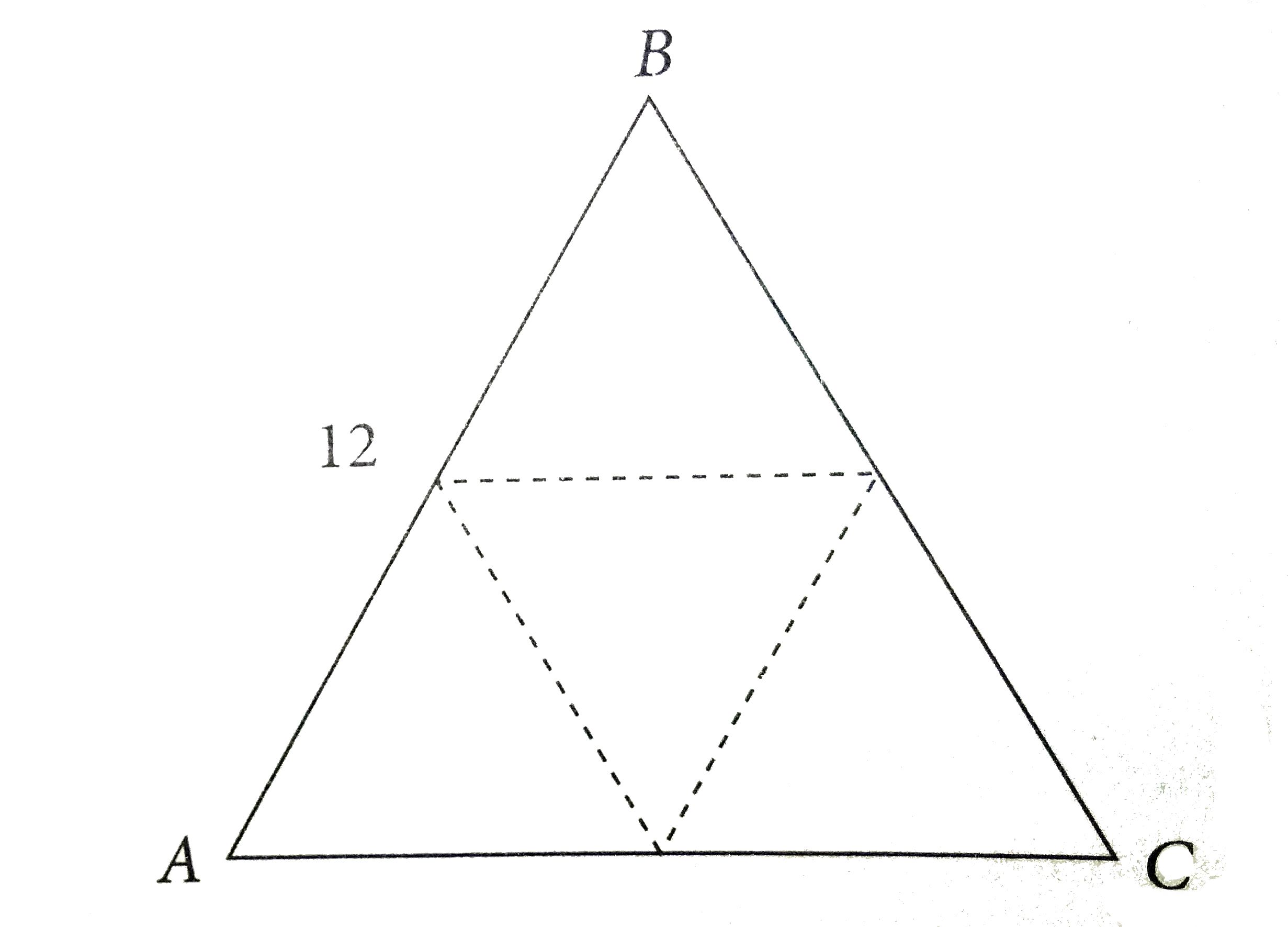 If equilibrium  triangle  ABC  is cut  by three  lines  , as shows  , to form  four  equilibrium  triangles  of equal   area  , what is the  length  of a side  of one  of the smaller  triangles?
