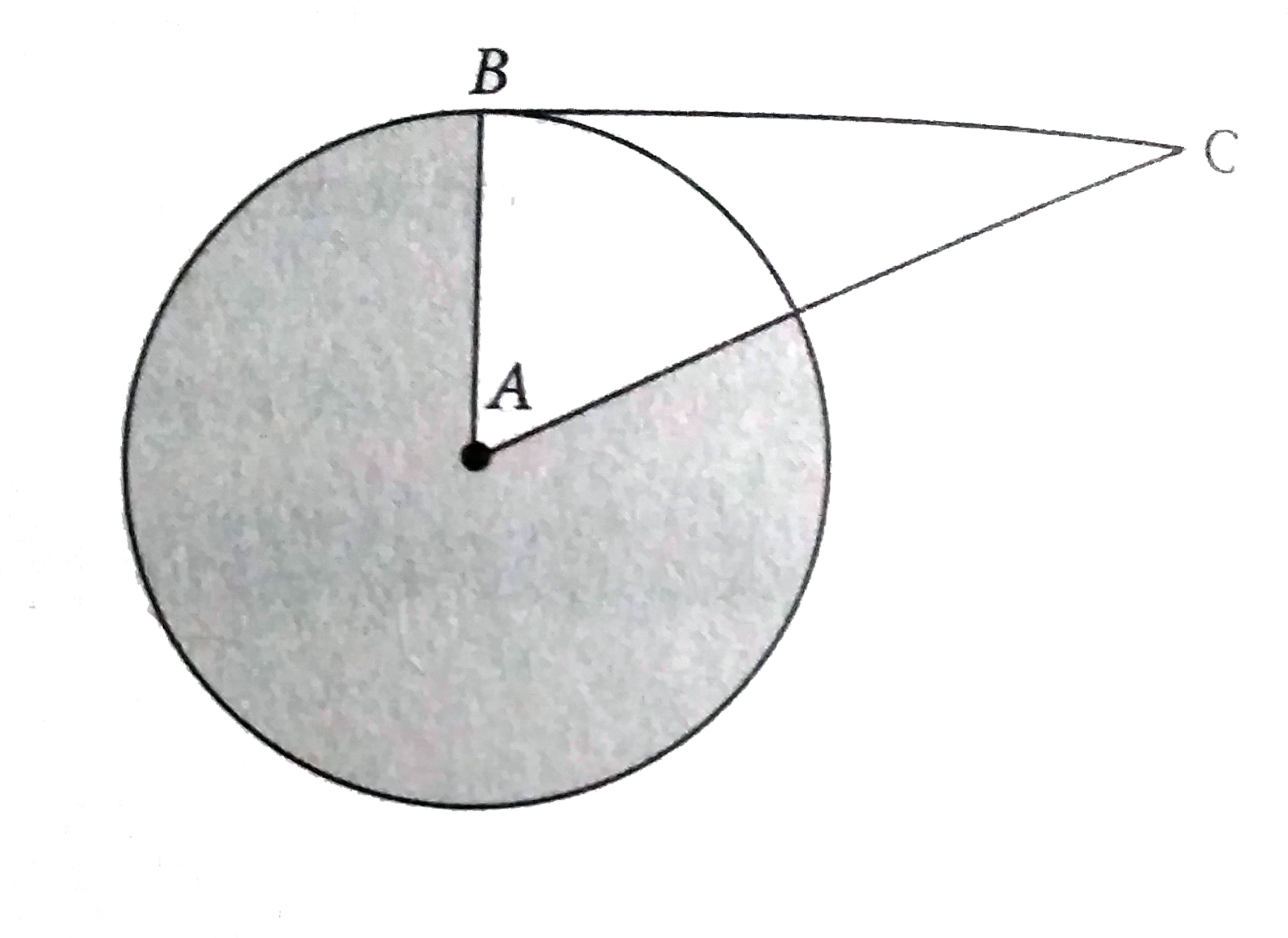 The circle above with centre A has an area of 21. BC is tangent to the circle with centre A at point B. IF AC=2AB, then what is the area of the shaded region?
