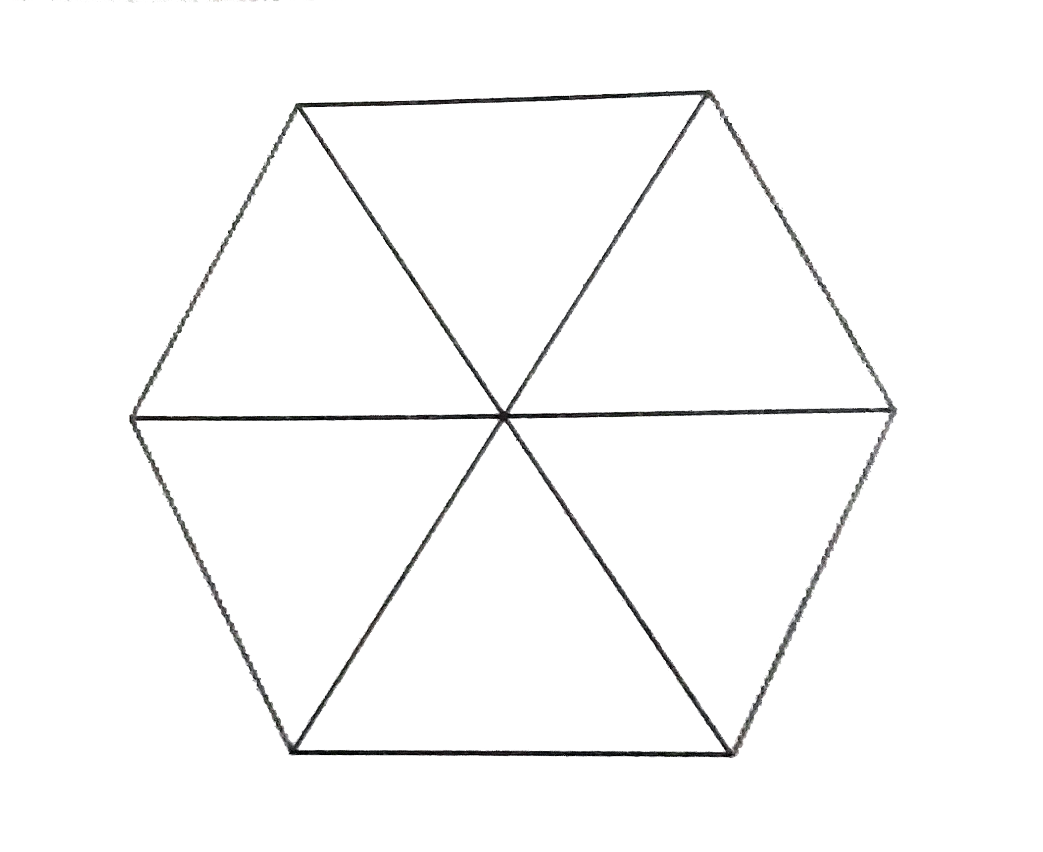 The regular hexagon shown above is divided into six congruent equilateral triangle. What is the measure, in degrees, of one of the interior angles of the hexagon?