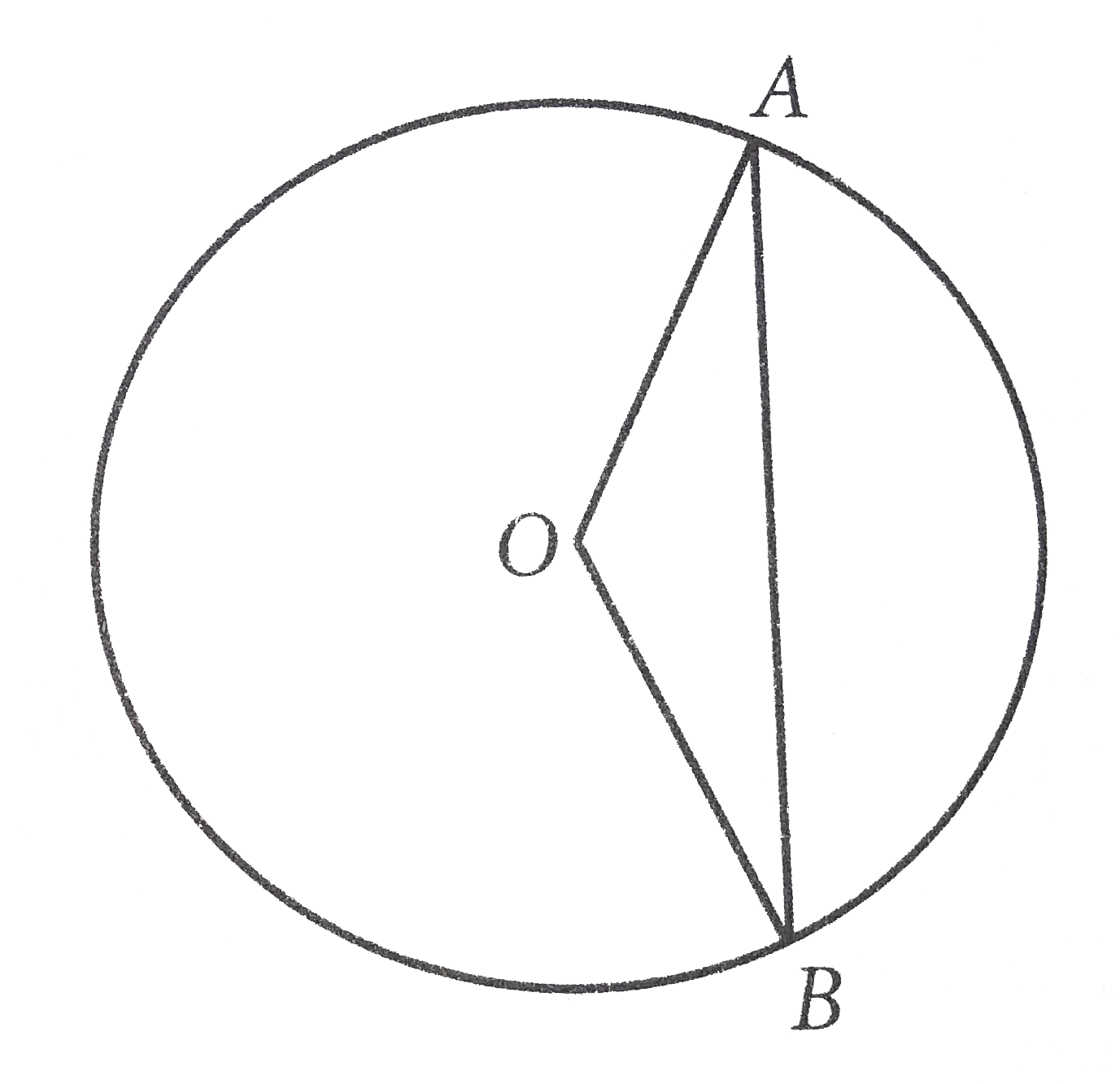 If the radius of the circle above is x, angle AOB=120^@, and O is the center of the circle, what is the length of chord AB, in terms of x?