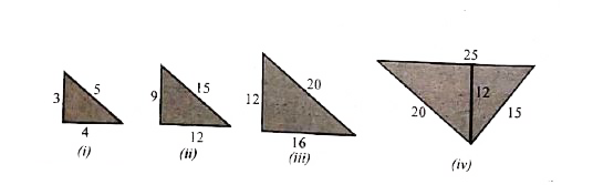Step 1 : Take a chart paper, cut out a right angled triangle of measurement as given in triangle (i).     Step 2 : Take three more different colour chart papers and cut out three triangles such that sides of triangle (ii) is three times of the triangle (i), the sides of triangle (iii) is four times of the triangle (i), the sides of triangle (iv) is five times of triangle (i).    Step 3 : Now keeping the common side length the triangle (ii) and (iii) over the triangle (iv) such that the sides of these two triangles [(ii) and (iii))] coincide with the triangle (iv).     Observe the hypotenuse side and write down the equation. What do you conclude ?