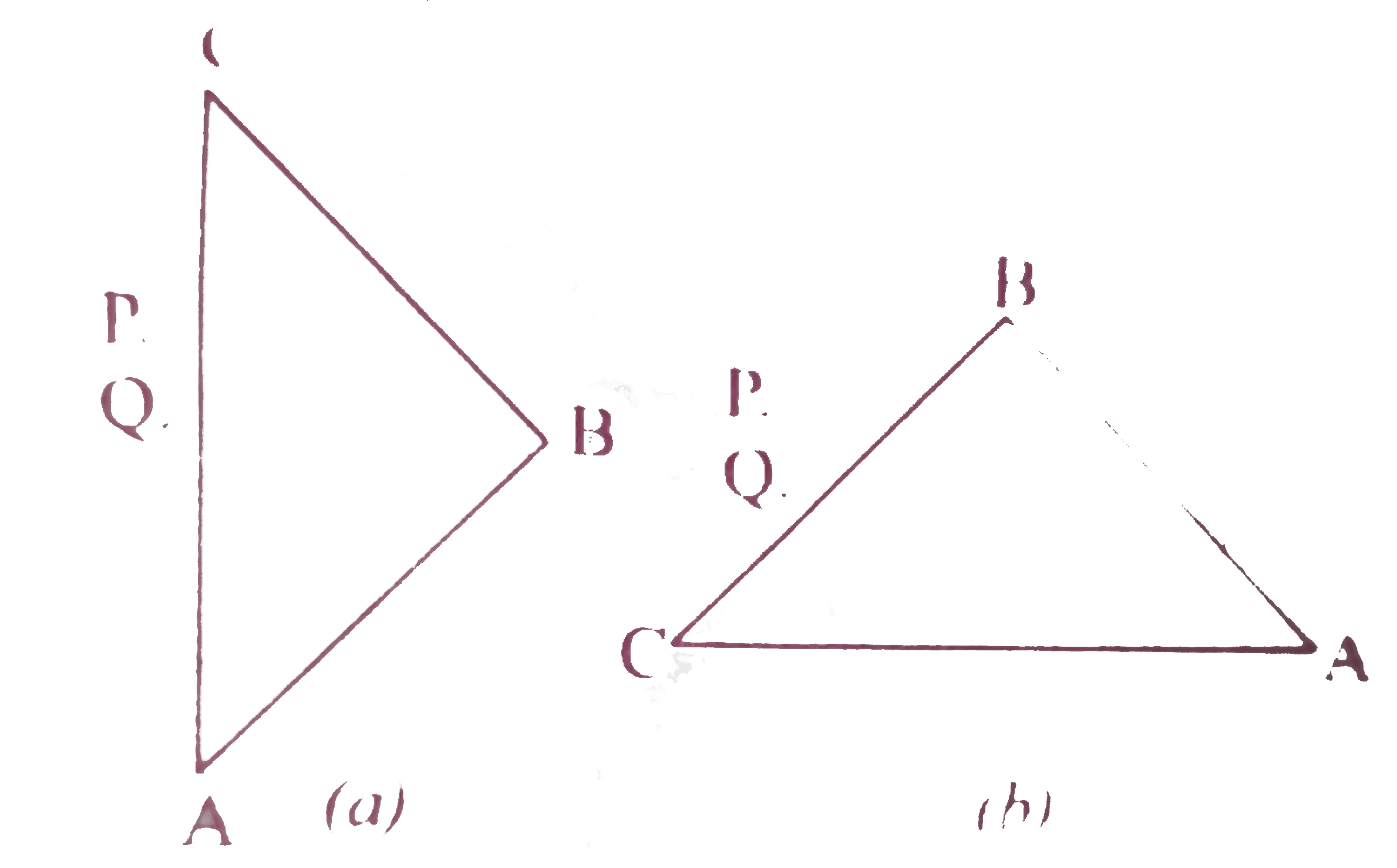 A right angle prism is placed before an object in the two positions shown in figure. The prism is made of crown glass with critical angle equal to 41^(@), Trace the paths of two rays from P and Q normal to the hypotenuse in figure (a) and parallel to the hypotenuse in figure (b).