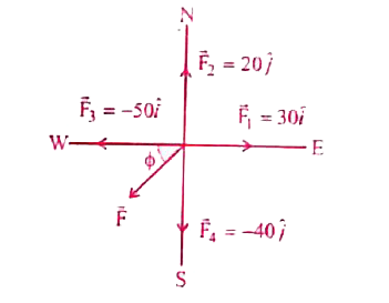 Find the resultant force of the following forces which act upon a particle . (a) 30 N due east , (b) 20 N due north , (c) 50 N due west , (d) 40 N due south .