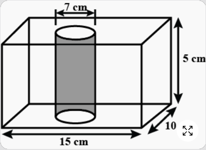 In the given figure from a cuboidal solid metallic block of dimensions 15 cm xx 10 cm xx 5 cm  a cylindrical hole of diamter 7 cm is drilled out . Find the suface area of the remaining block .