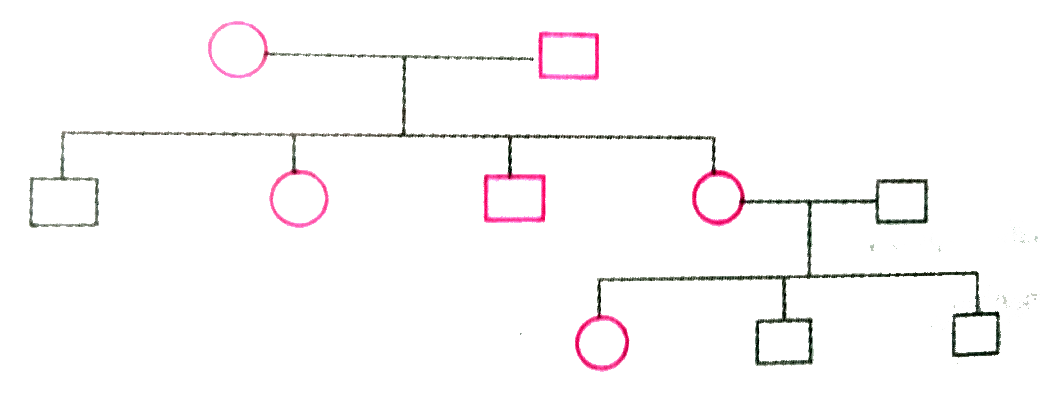 Study the given pedigree chart and answer the questions that follow:       (a) Is the trait recessive or dominant?   (b) Is the trait sex-linked or autosomal?   (c) Give the genotypes of the parents show in generation  I and their third child shown in generation II and the first gradchild shown in generation III.