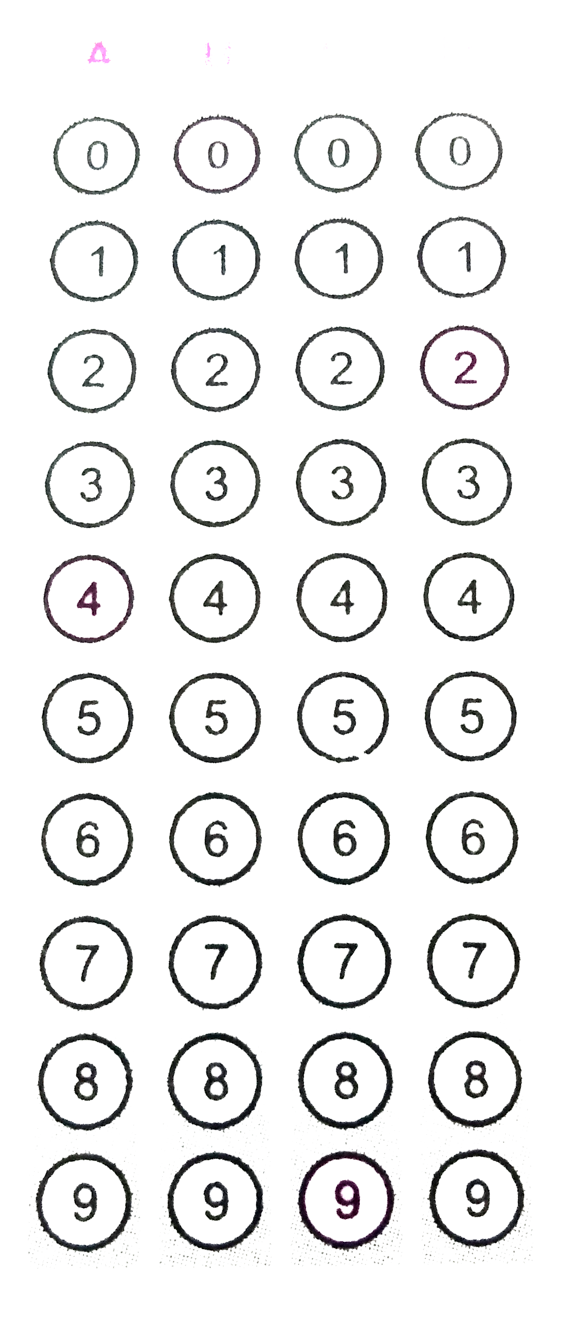 The answer to each of the following question is a single digit integer, ranging from 0 to 9. If the correct answers to the question numbers A, B, C and D (say) are 4, 0, 9 and 2 respectively, then the correct darkening of bubbles should be as shown on the side:      Among the following, the number of elements showing only one non-zero oxidation state is   O, Cl, F, N, P, Sn, Tl, Na, Ti