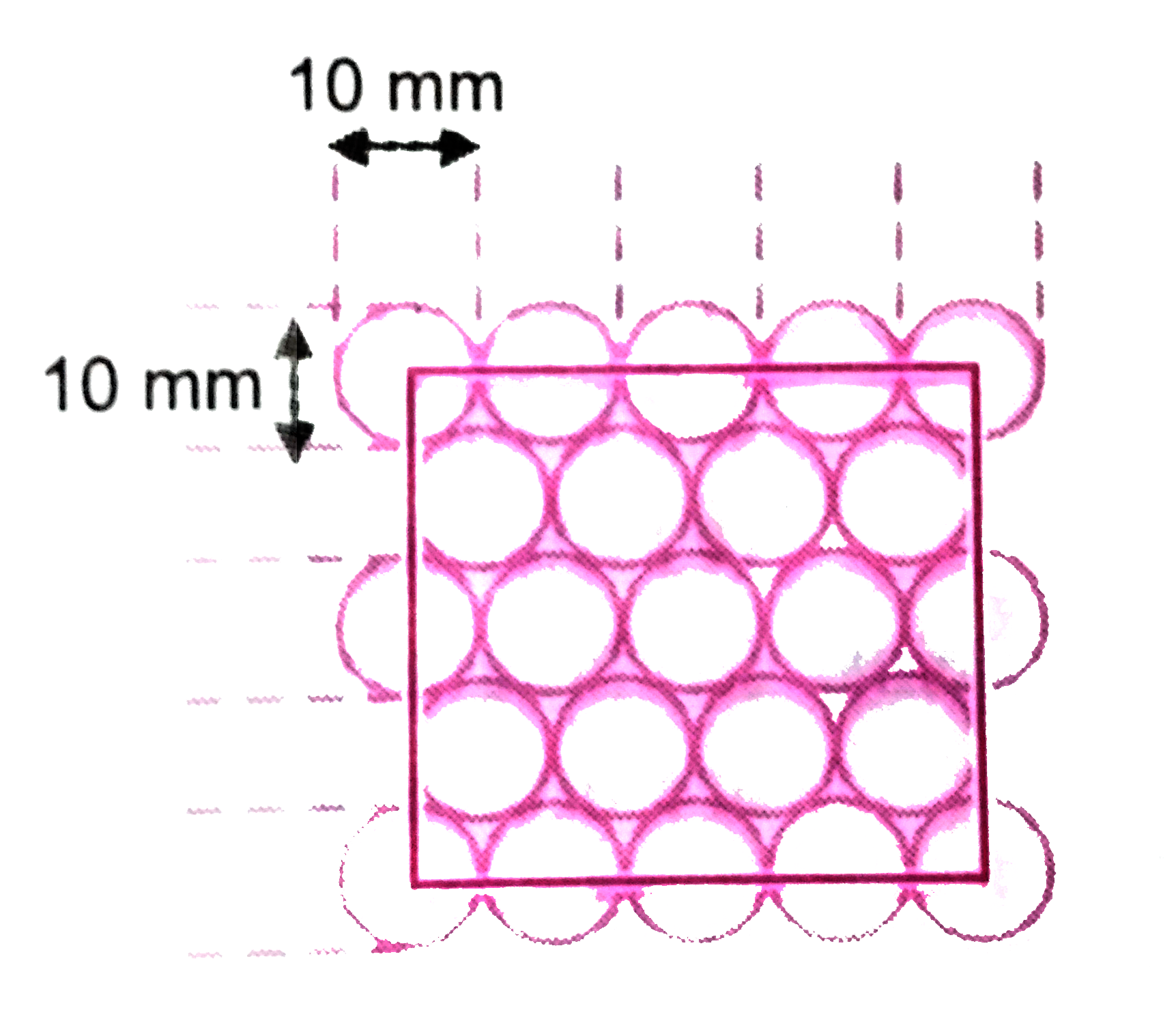 You are given marbles of diameter 10 mm.They are to be placed such that their centres are lying in a square bound by four lines each of length 40 mm. What will be the arrangement of marbles in a plane so that maximum number of marbles can be placed inside the area ? Sketch the diagram and derive an expression for the number of marbles per unit area .