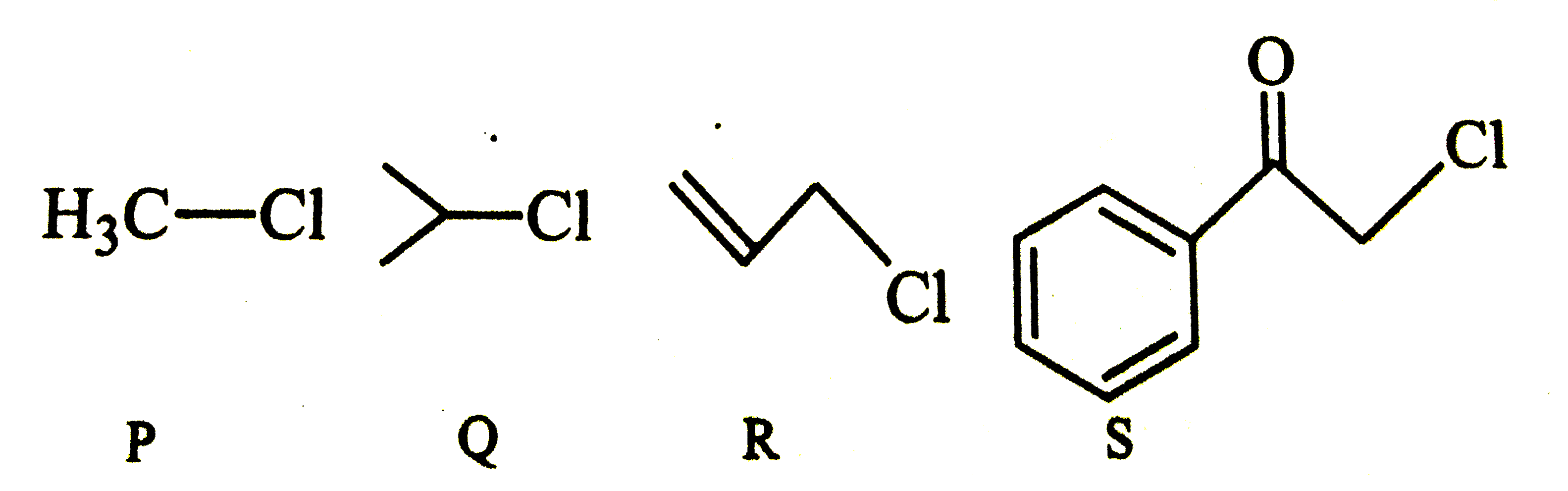 KI in acetone, undergoes S(N)2 reaction with each of P,Q,R and S. The rate of the reaction vary as