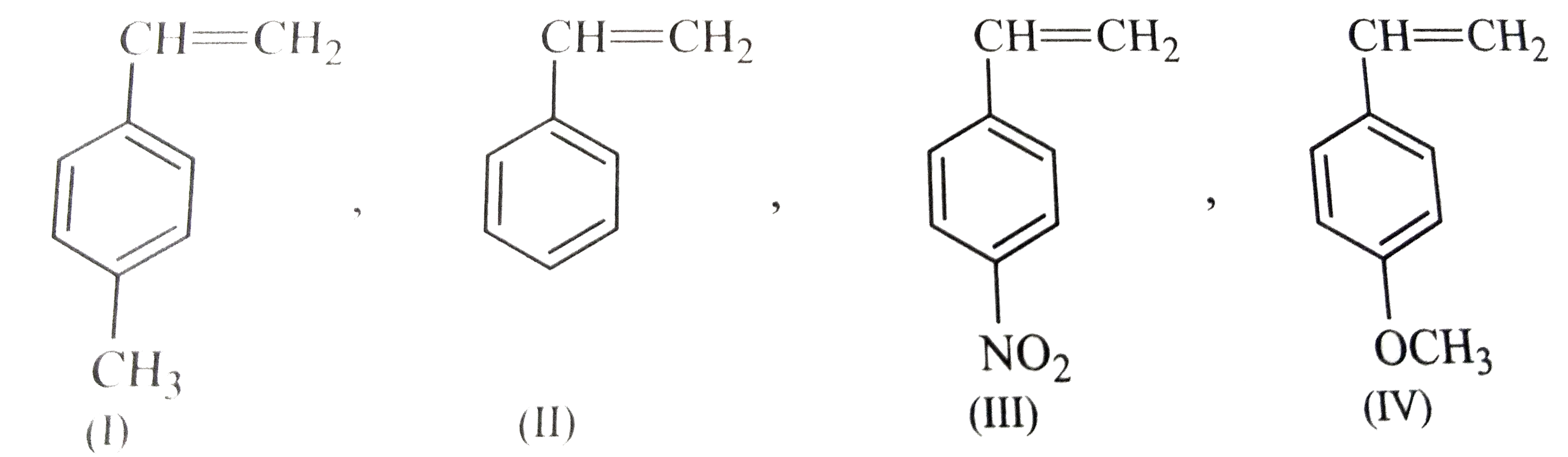 Arrange the following monomers in order of decreasing reactivity in cationic polymerization.   .