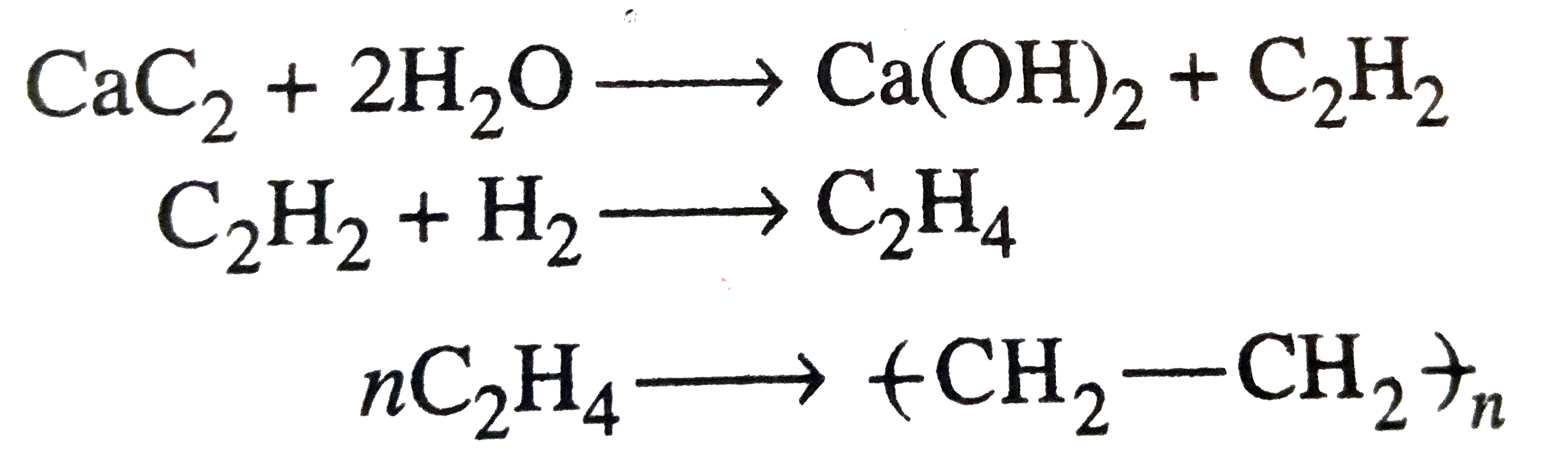 Formation of polyethylene from calcium carbide takes place as follows :      The amount of polyethylene obtained from 64.0kg of CaC2 is