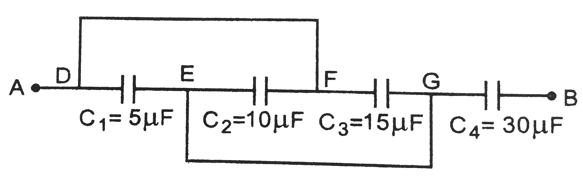 Calculate the equivalent  capacitance between the points A and  B in the combination  shown in Fig.