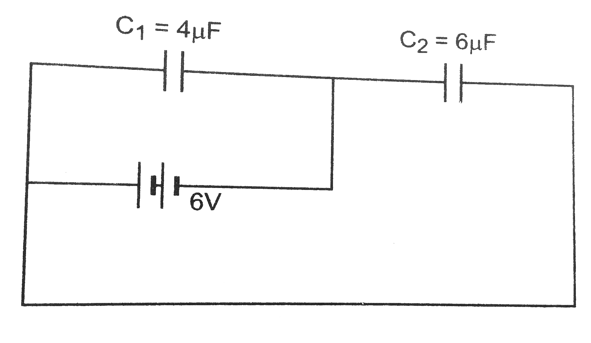 Two capacitors C(1) and C(2) are connected to a  battery of 6 V as shown in Fig. Find the charge on each capacitor.