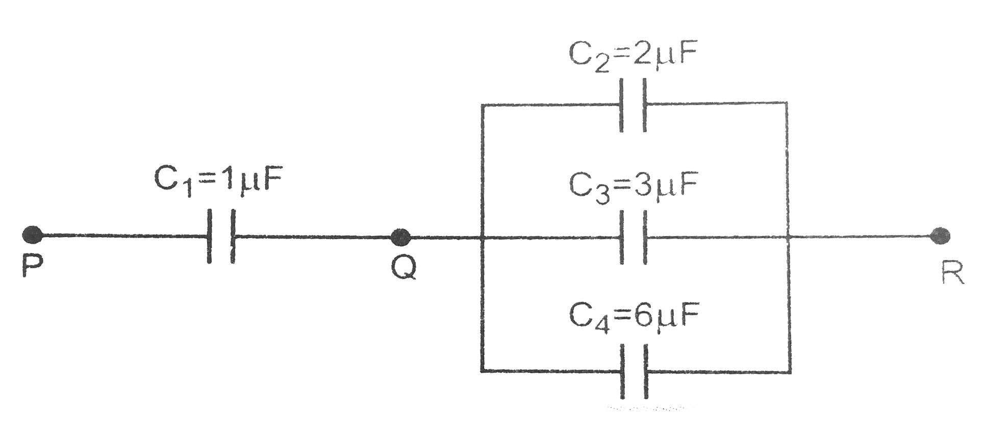 In Fig, the energy stored in C(4) is 27 J. Calculate the total energy in the system.