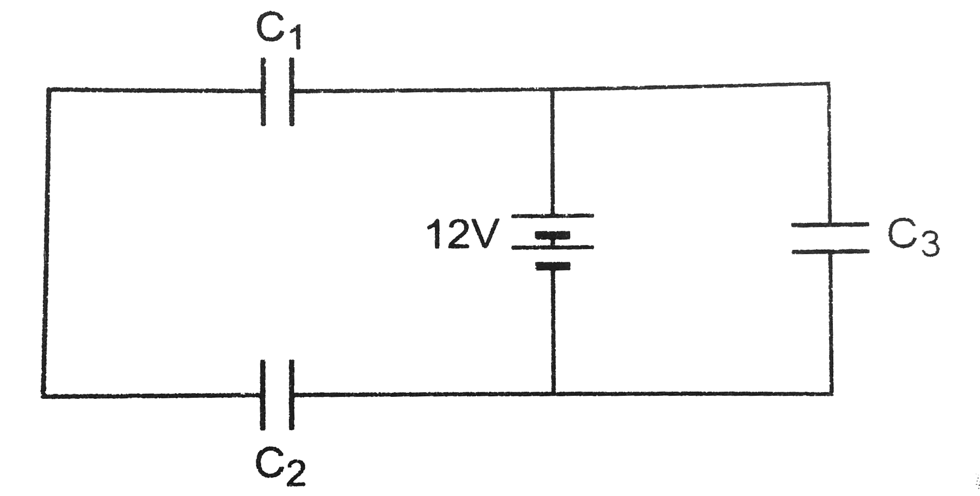 Three identical capacitors C(1) , C(2) and C(3) of capacitance  6 mu F each are connected  to a 12 V battery  as shown in Fig. Find   (i) charge on each capcitor   (ii) equivalent capacitance of the network.   (iii) energy stored in the network of capacitors.