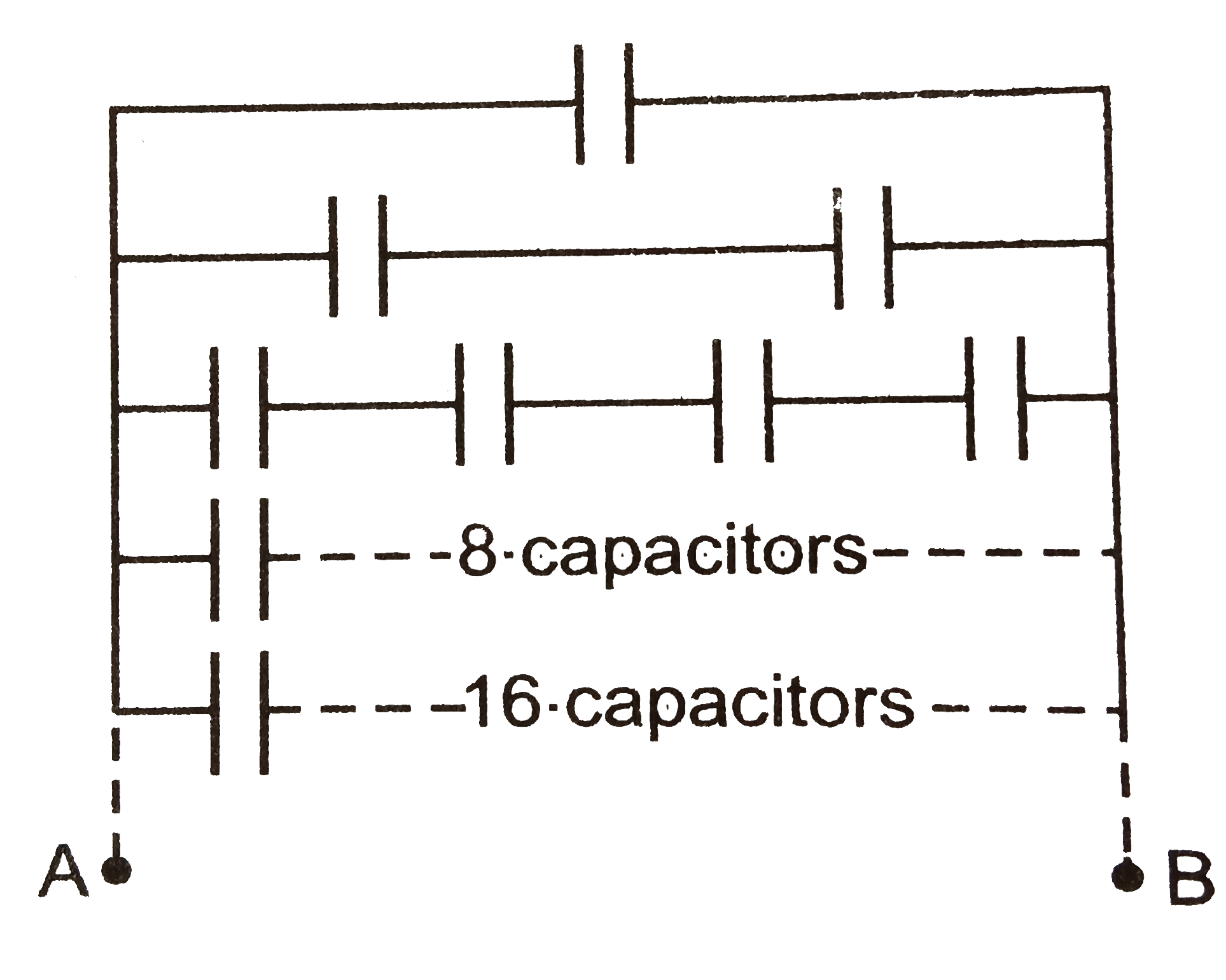 An infinite number of identical capacitors each of capacitance  1 muF are connected 1 muF are connected as shown in Fig. Then the equivalent capacitance between  A and B is