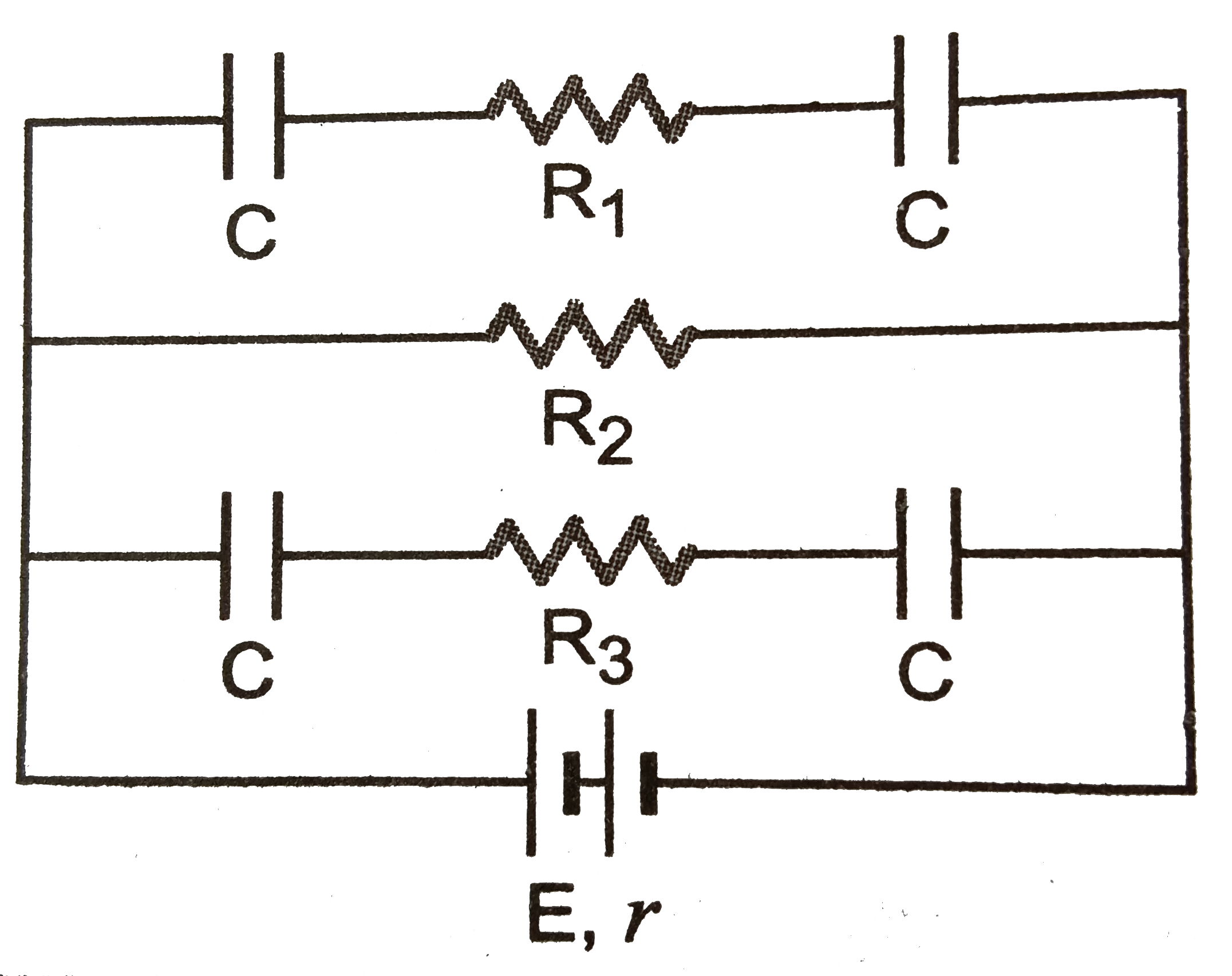 In Fig, E =5  volt , r = 1 Omega, R(2) = 4 Omega, R(1) = R(3) = 1 Omega and C = 3 muF. Then the numbercal value of the charge on each plate of the capacitor is