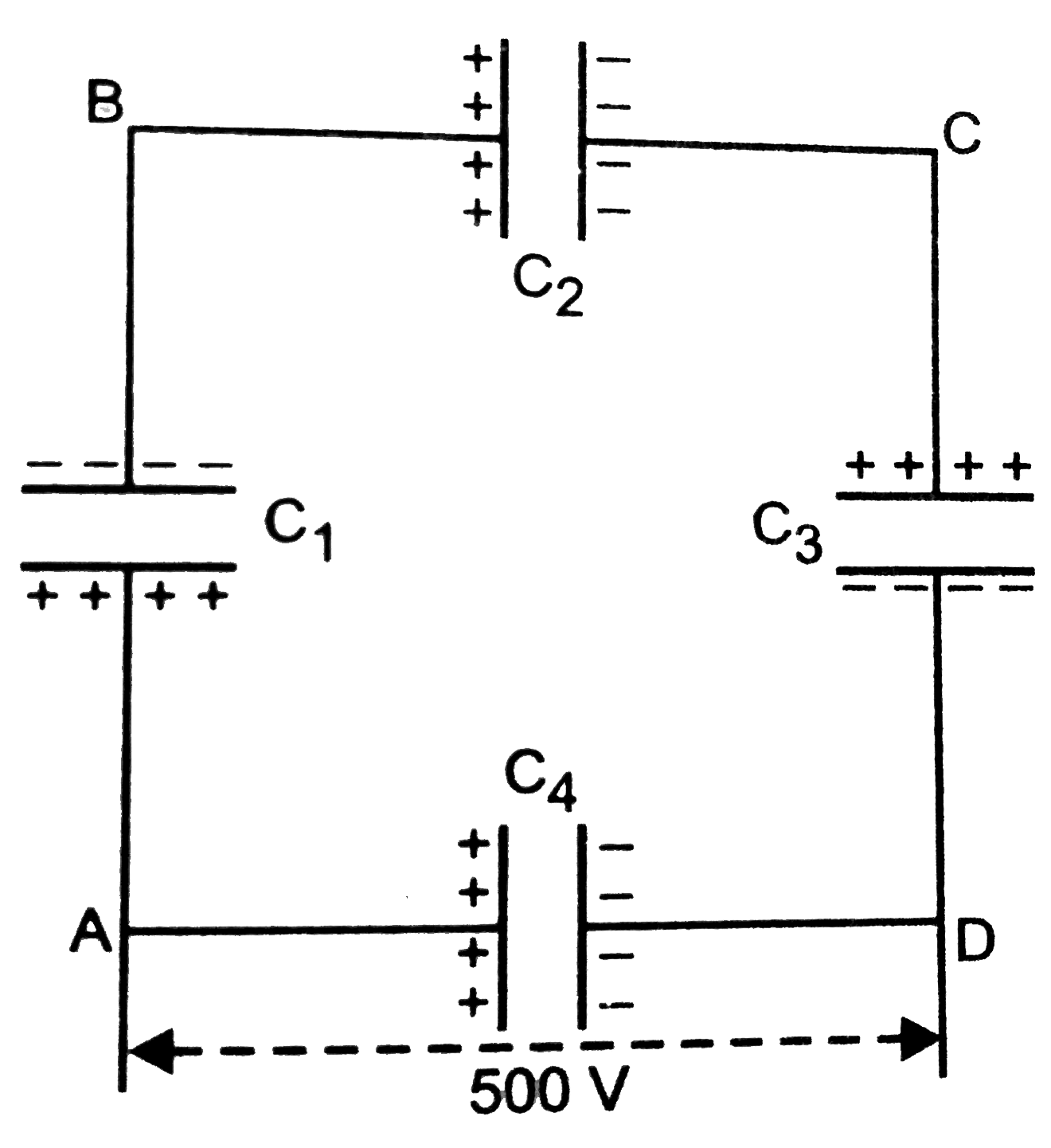 A network of four 10 muF capacitors is connected  to a 500V supply as shown  in Fig. Determine  the (a) equivalent  capacitance  of the network  and (b) charge on each capacitor.