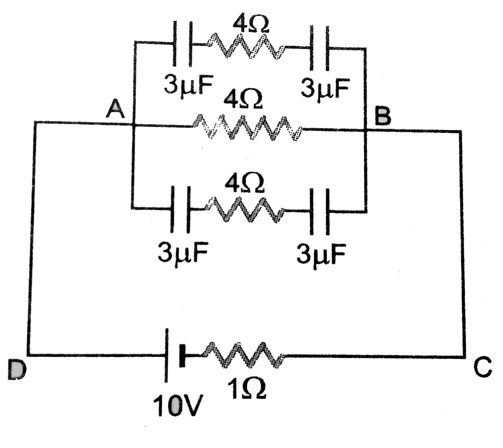 In the circuit shown in Fig. each capacitor has a capacity of 3 muF. Calculate the quantity of charge on each capacitor.