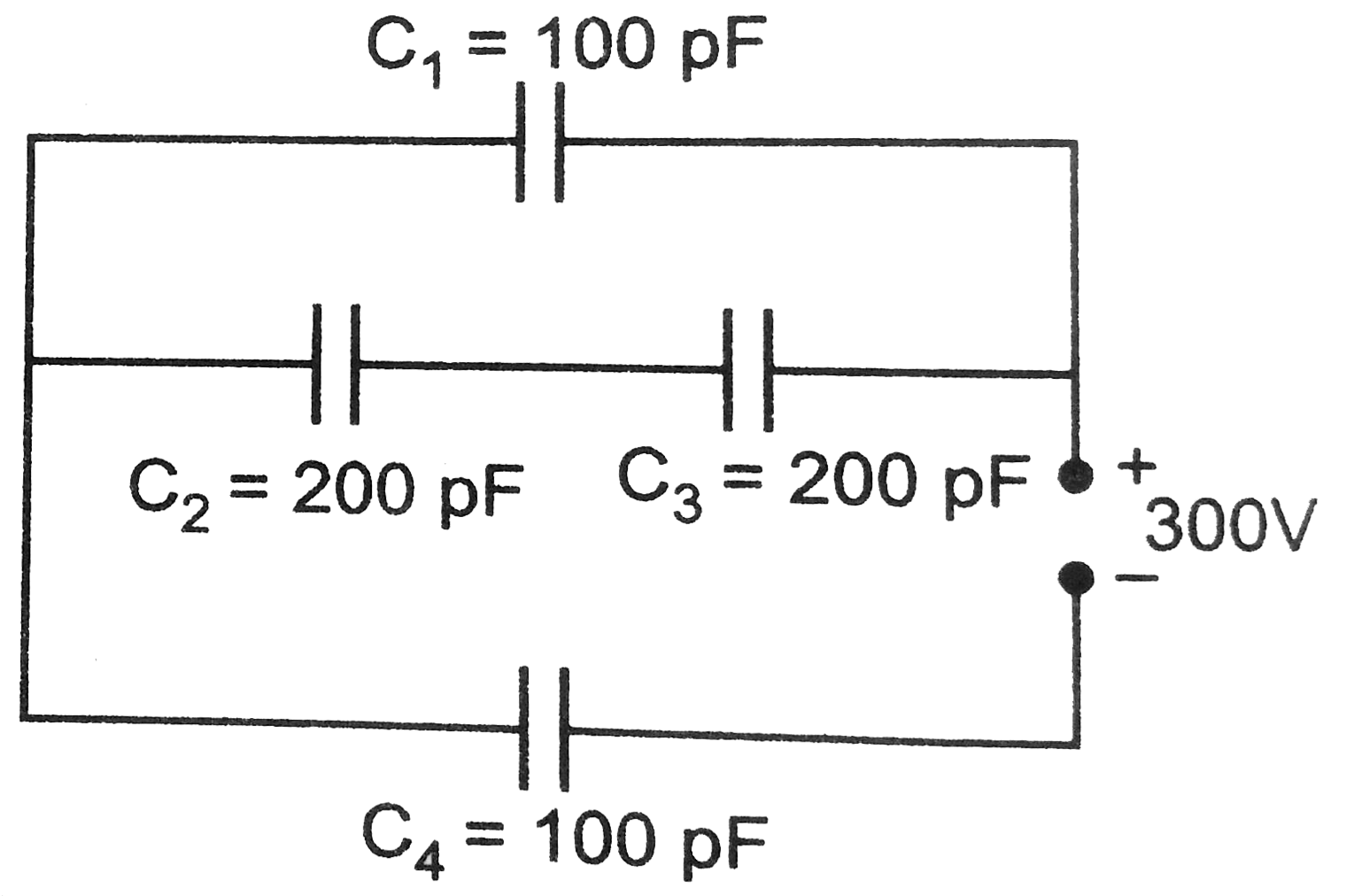 Obtain  equivalent capacitance  of the following  network, Fig. For a 300V supply determine  the charge  and voltage across  each capacitor.