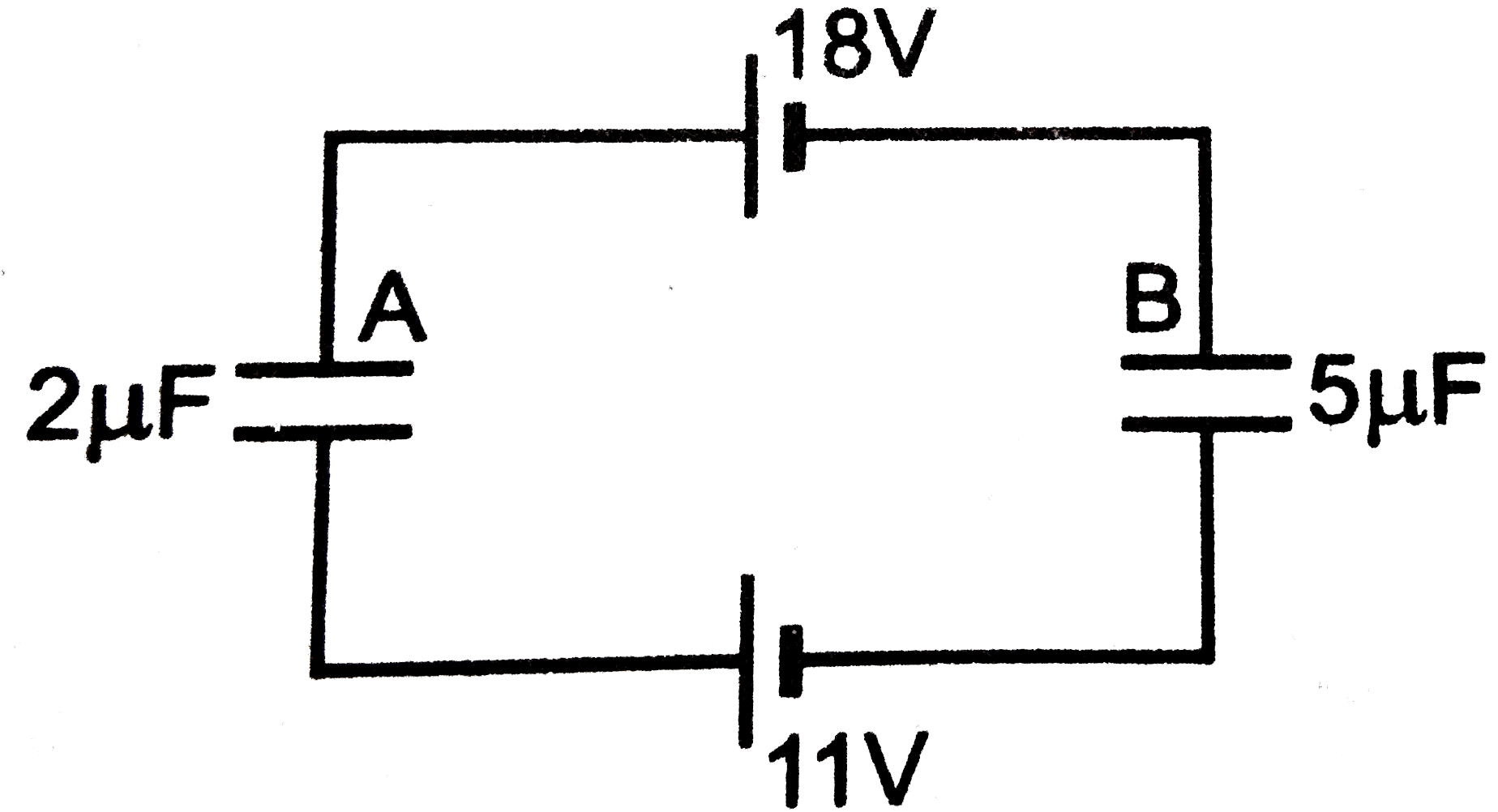 Two capacitors A and B of capacitances 2muF and 5 mu F are connected to two battery as shown in figure The potential difference in volt between the plate of A is