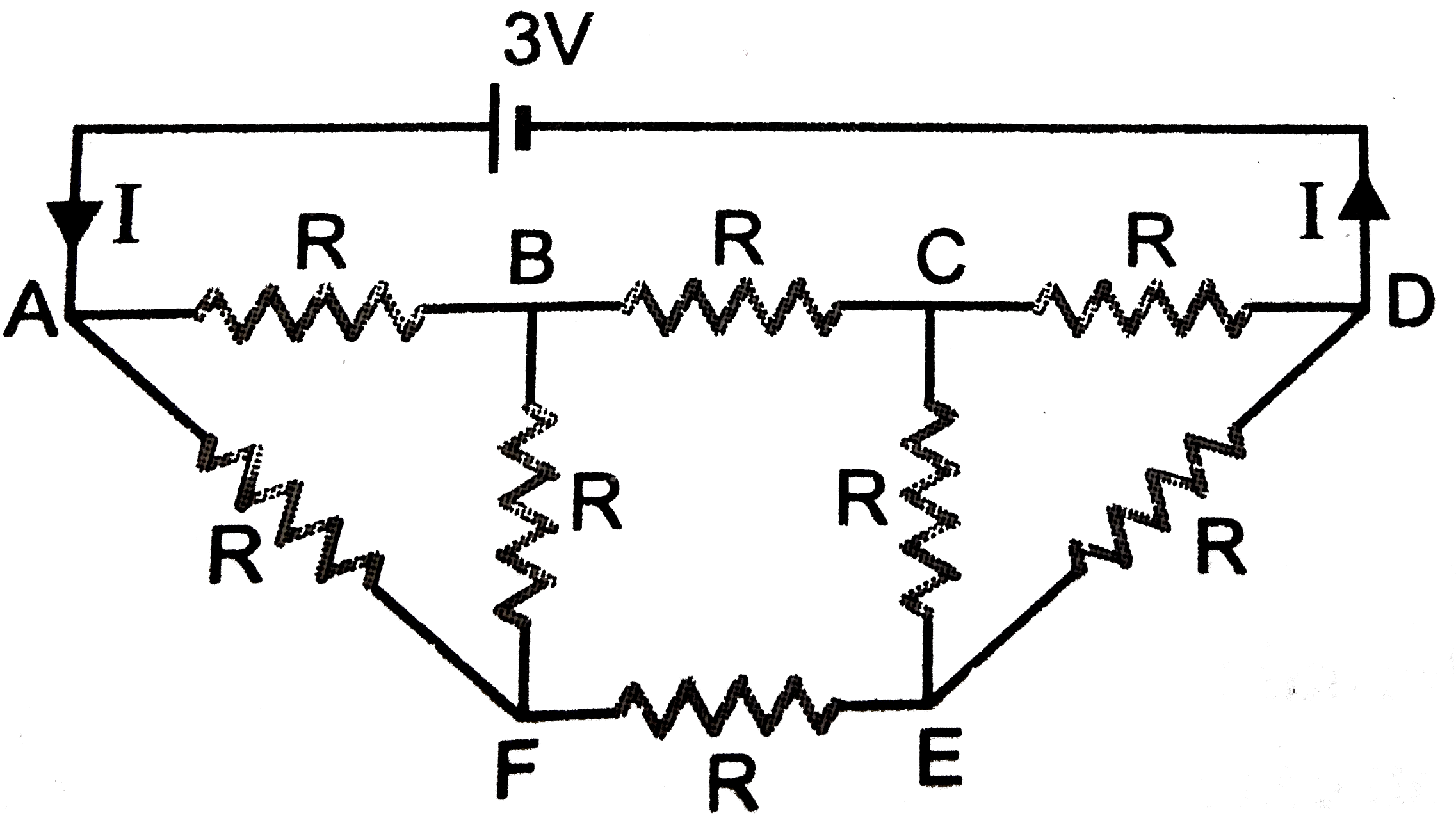 Shows a network of eight resistors battery of resistance R(= 2 Omega) connected in a 3V battery of negligible internal resistance. The current I in the circuit is