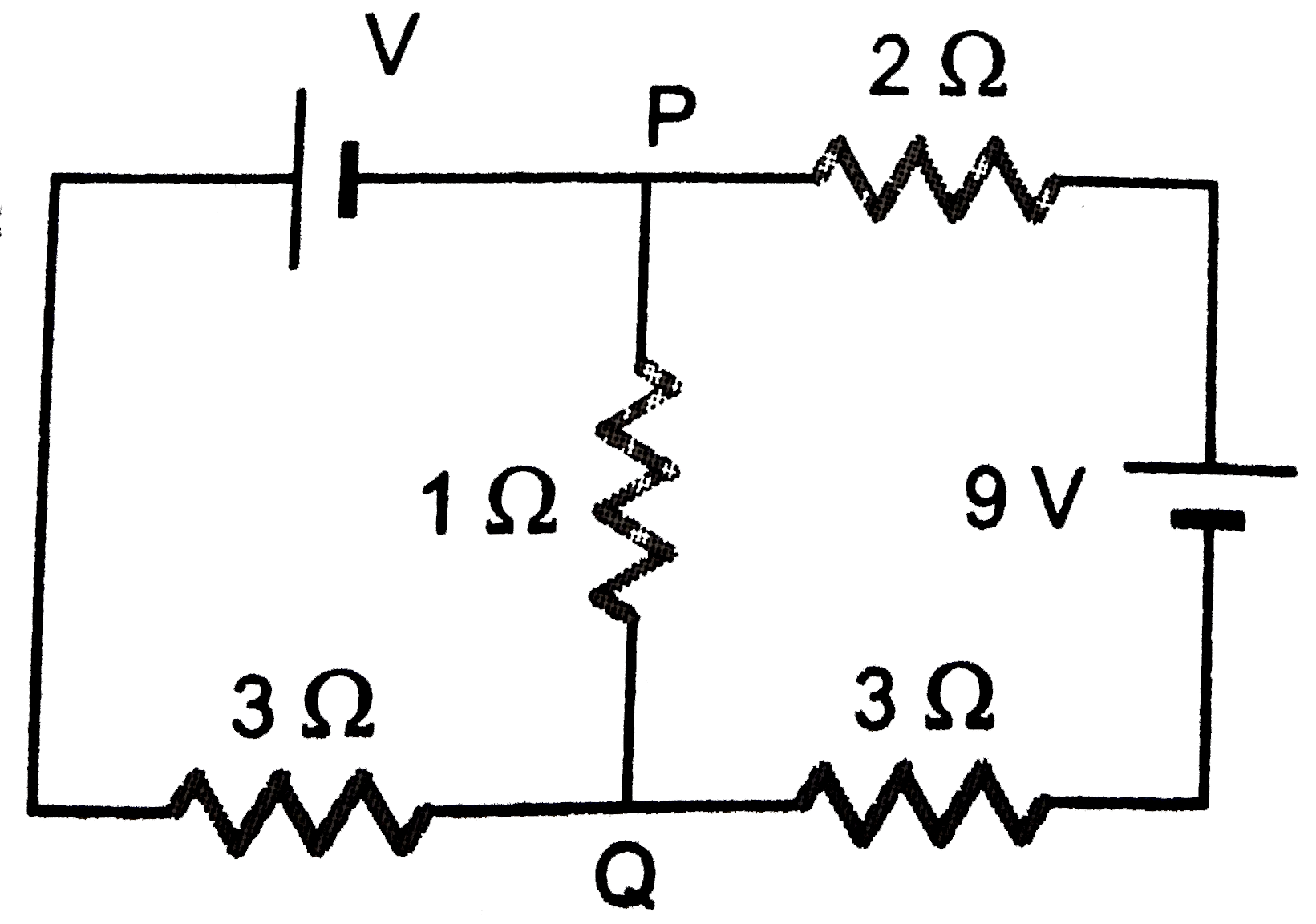 In the circuit shown, the currect in the 1 Omega resistor