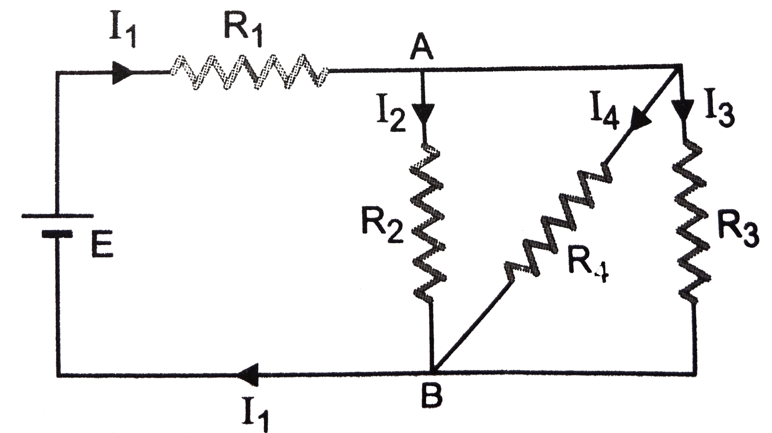 In the circuit R(1) = 4 Omega , R(2) = R(3) = 15 Omega R(4) = 30 Omega and E = 10 V Calculate the equivalent resistance of the circuit and current in each resistor