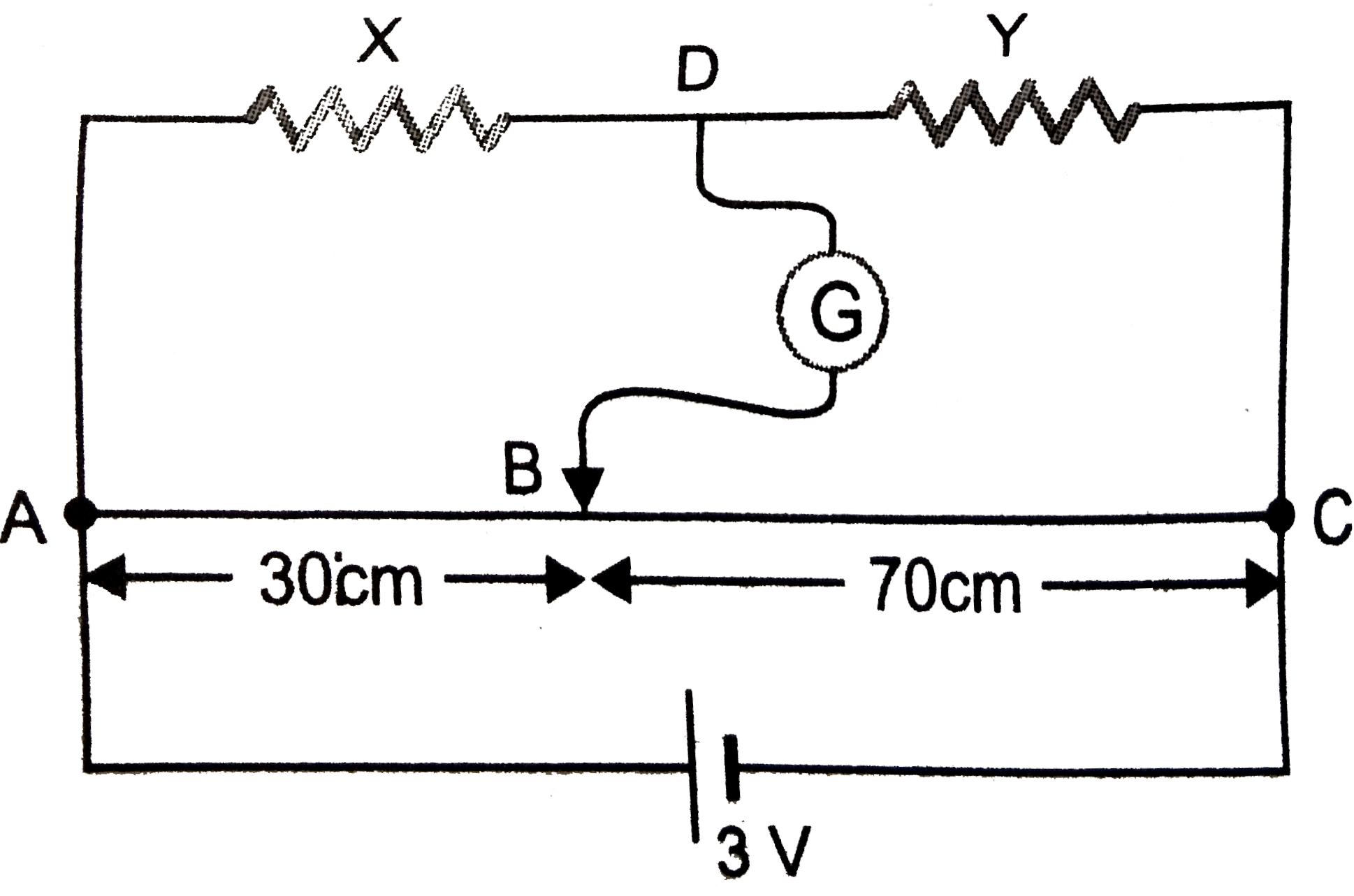 In the given circuit a bridge is shown in the balanced state.The meter bridge wire has a resistance of 1 Omega cm^(-1) .Calculate the unknown  resistance X and the current drawn from the battery of negligible internal resistence. If the magnitude the position of galvanometer and the cell, how it will  affect the position  of the galvanometer ?