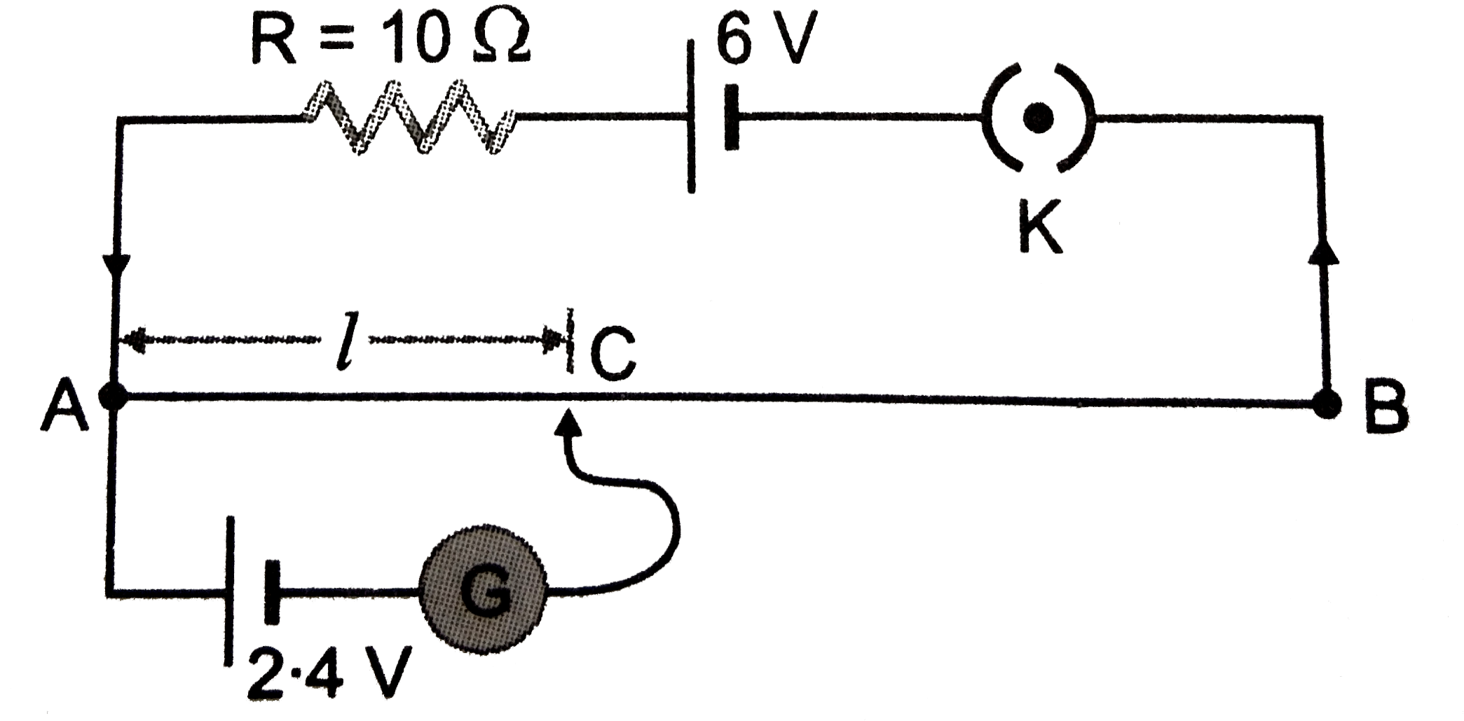 The potentiometer wire of length 200 cm has a resistance  of 20 Omega. It is connected in series with  a resistance 10 Omega and an accumulator of emf 6 V having  negligible  internal  resistance.  A source of 2.4 V is balanced against  length 1 of the potentiometer wire. Find the length l of the potentiometer wire. Find the length l