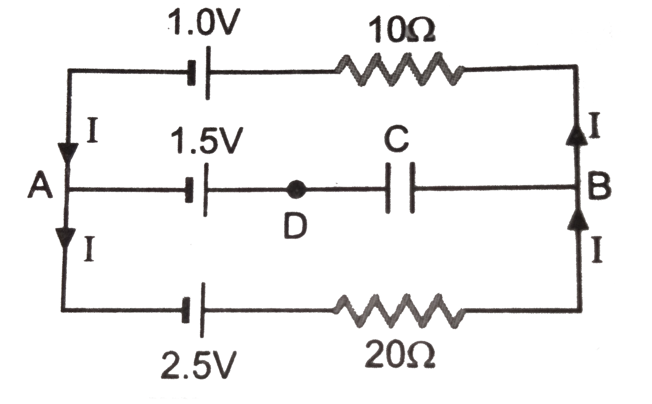 In the circuit diagram find the potential difference across the plates of capacitor C