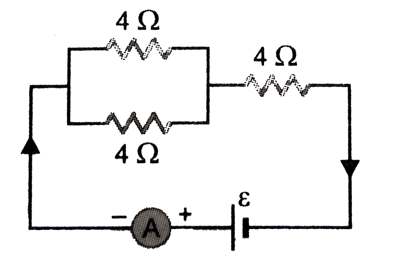 The resistance of each of the three wires, The combination  of resistors is connected to a source  of emf epsilon. The ammeter shows a reading of 1A. Calculate the power dissipated  in the circuit