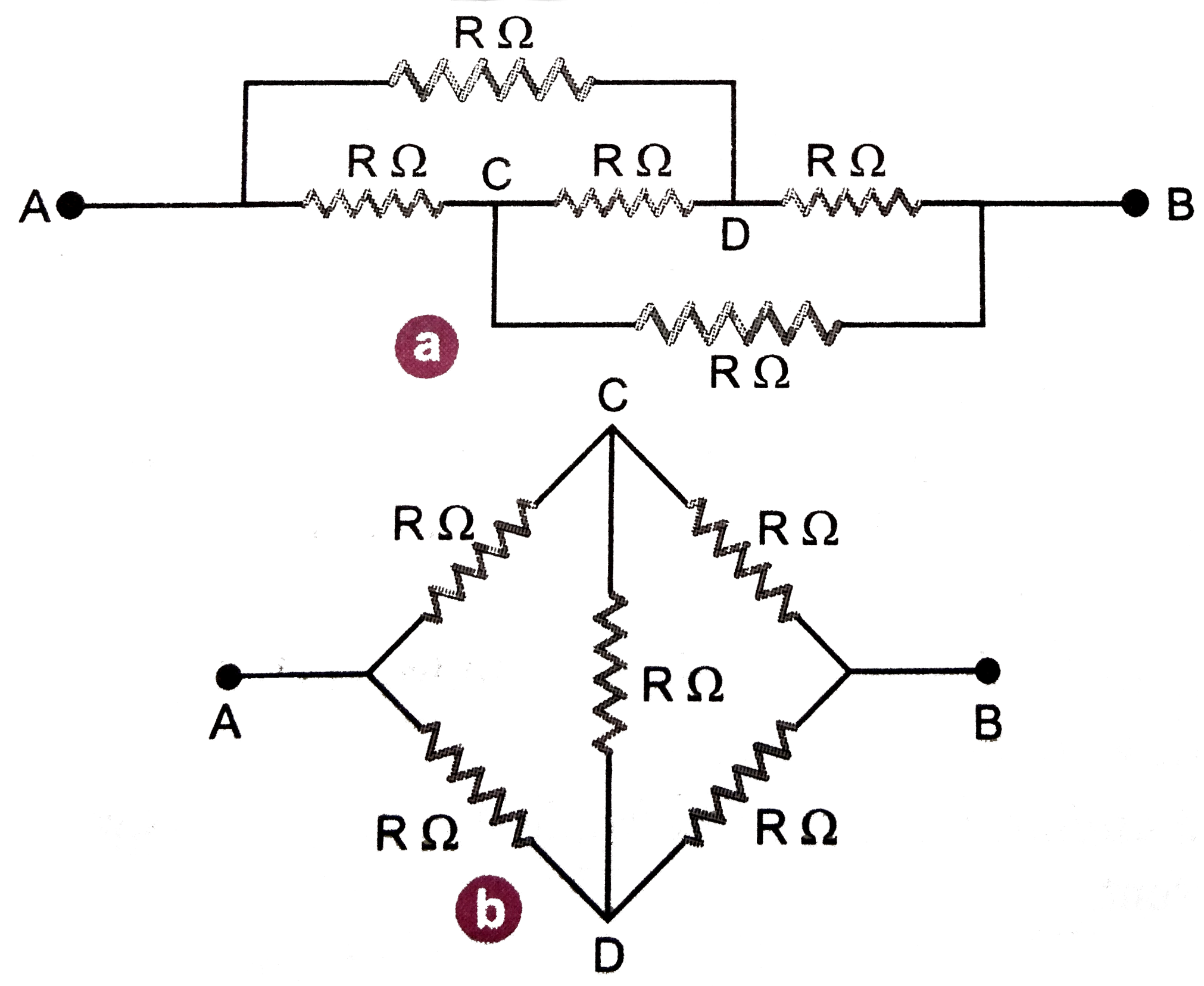 Five equal resistors each of R Omega are connected in a network. Calculate the equivalent resistance between the points A and B.