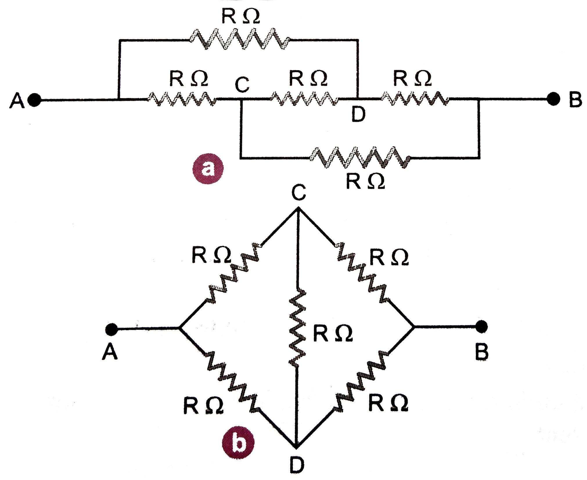 Calculate the equivalent resistance between points A and B in each of