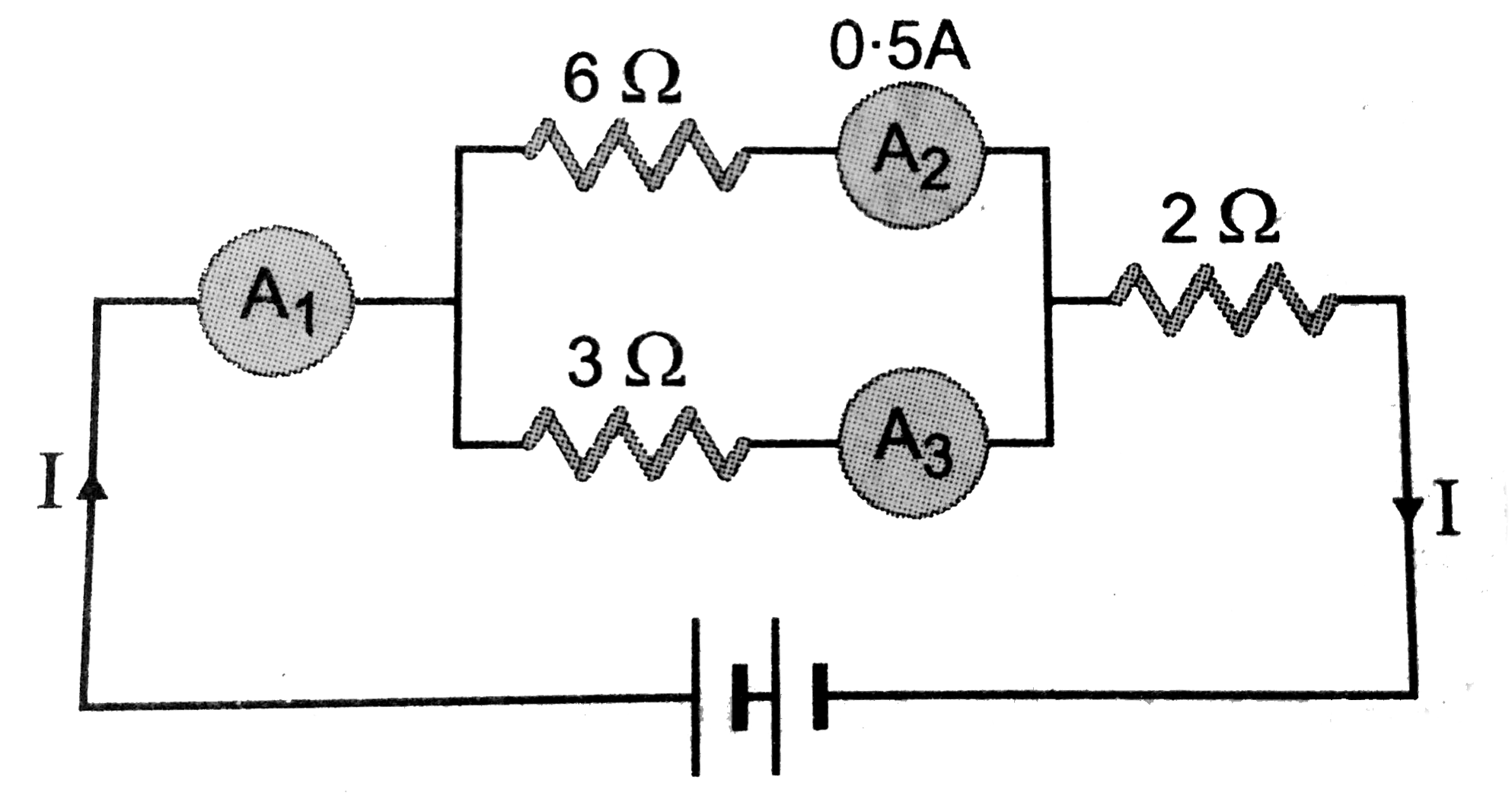 A(1), A(2) and A(3) Are the ammeters and A(2) reads 0.5A. (i) What are the readings of ammeters A(1) and A(3) ? (ii) What is the total resistance of the circuit ?