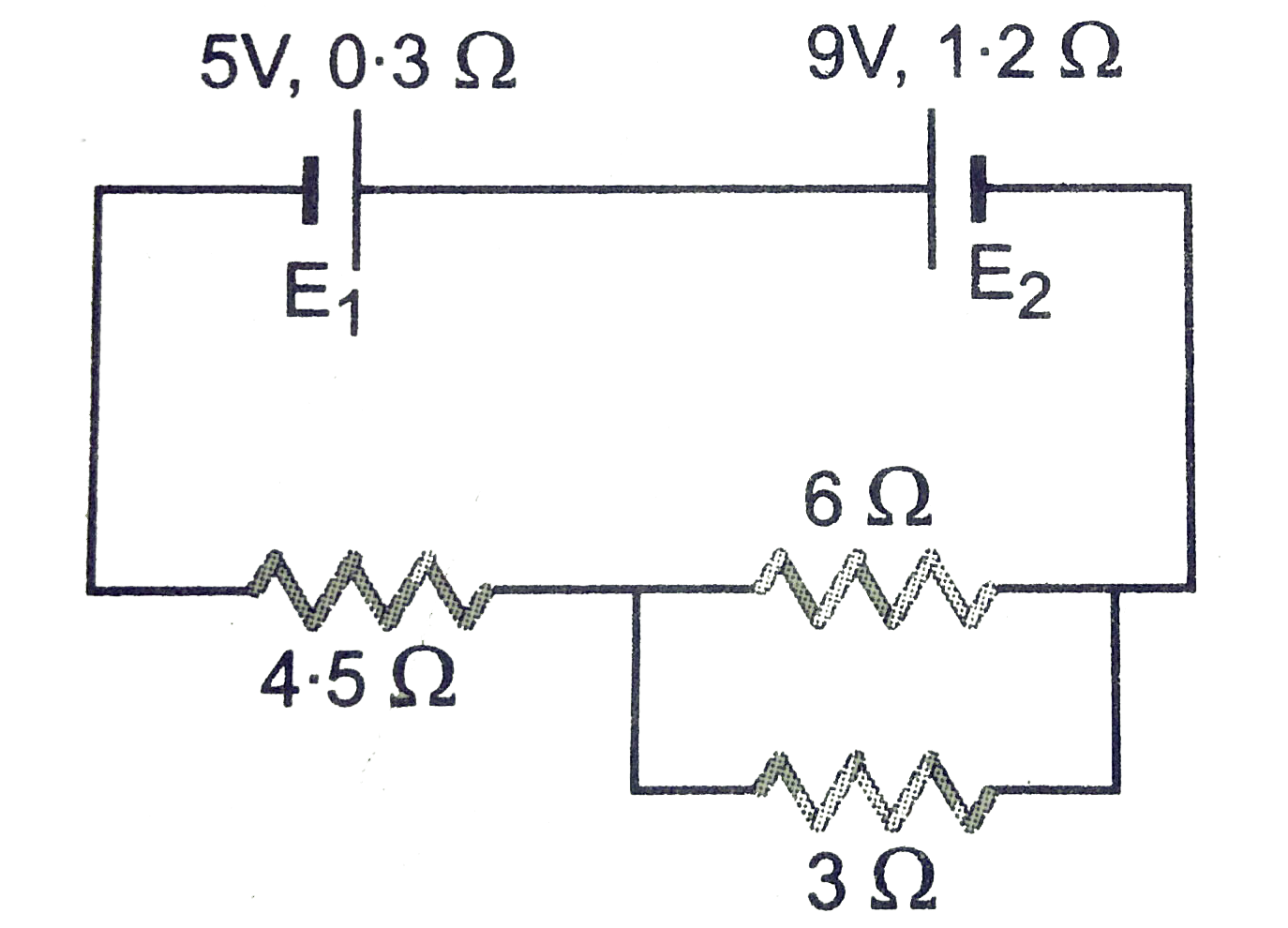 Two cells E(1) and E(2) in the circuit shown in figure, have emfs of 5 V and 9 V and internal resistance of 0.3 Omega and 1.2 Omega respestivley. Calculate the value of current flowing through the resistance of 3 Omega.