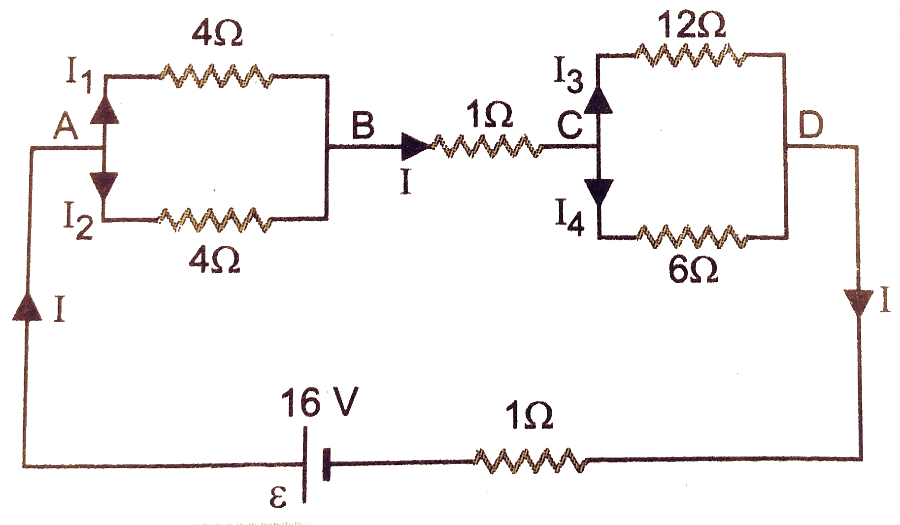 A network of resistances is connected to a 16 V battery with internal resistance of 1 Omega as shown in figure. (a) Compute the equivlaent resistance of the network. (b) Obtain the current in each resistor and (c )  obtain the voltage dropV(AB), V(BC) and V(CD).