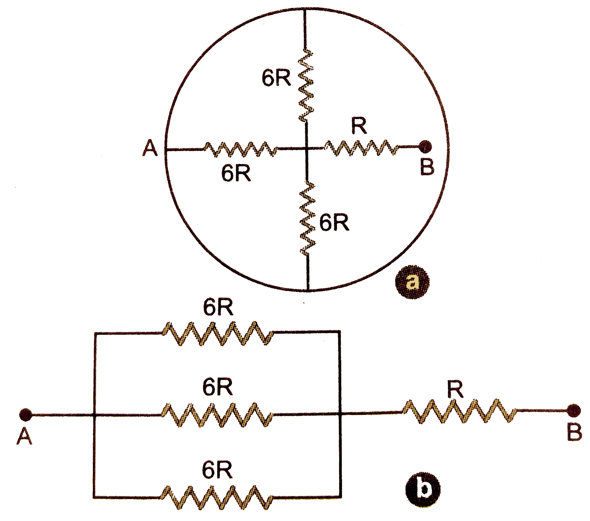 In the network shown in figure, the ring has zero resistance. Find the resistance between A and B.