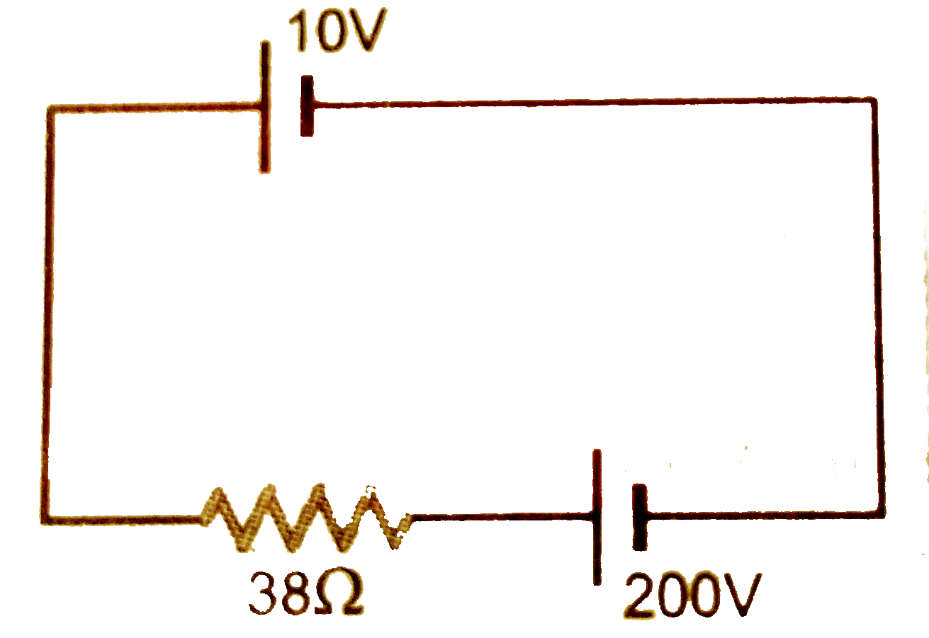 A 10 V battery of negilgible internal resistance is connected across a  200V battery and a resistance of 38 Oemga as shown in figure.   . Find the value of current in the circuit.
