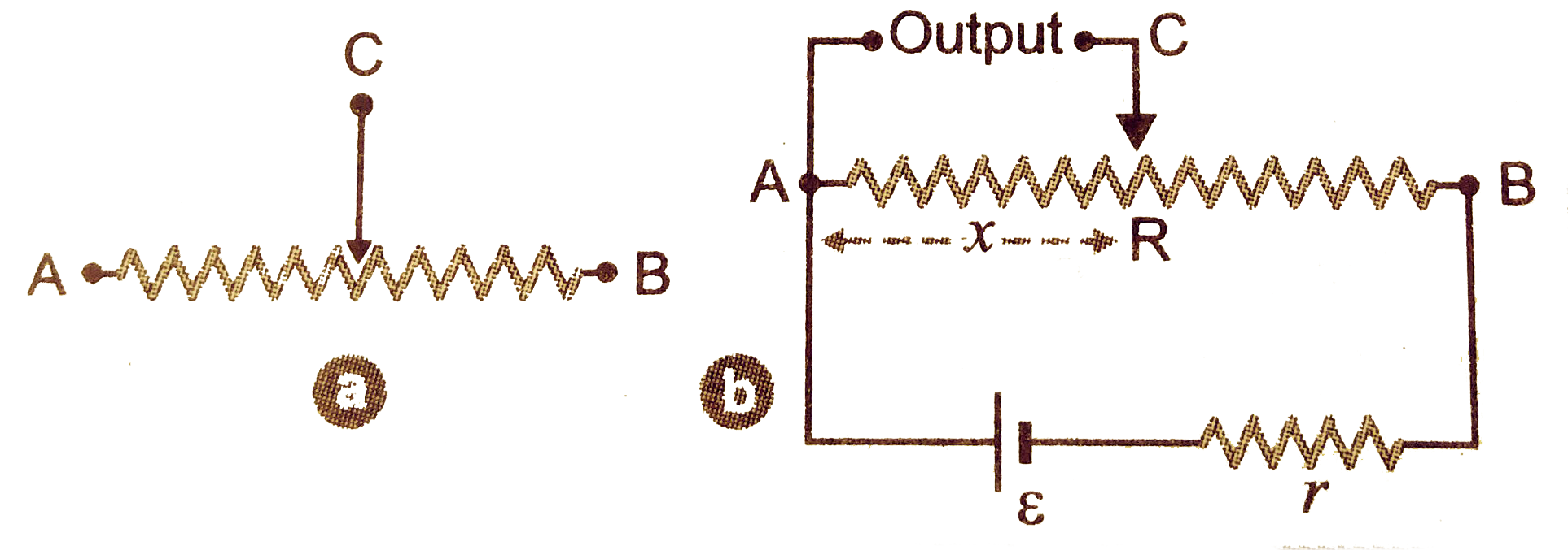 A schematic rheostat is shown in figure. Connect a battery to it so that it acts as a potential divider. Also show the output terminals.